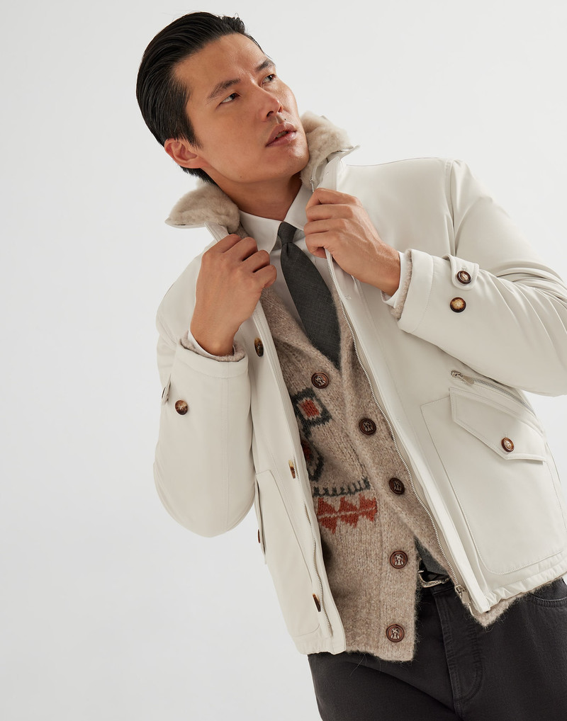 Stretch bonded nylon bomber jacket with Thermore® padding and detachable shearling collar 4