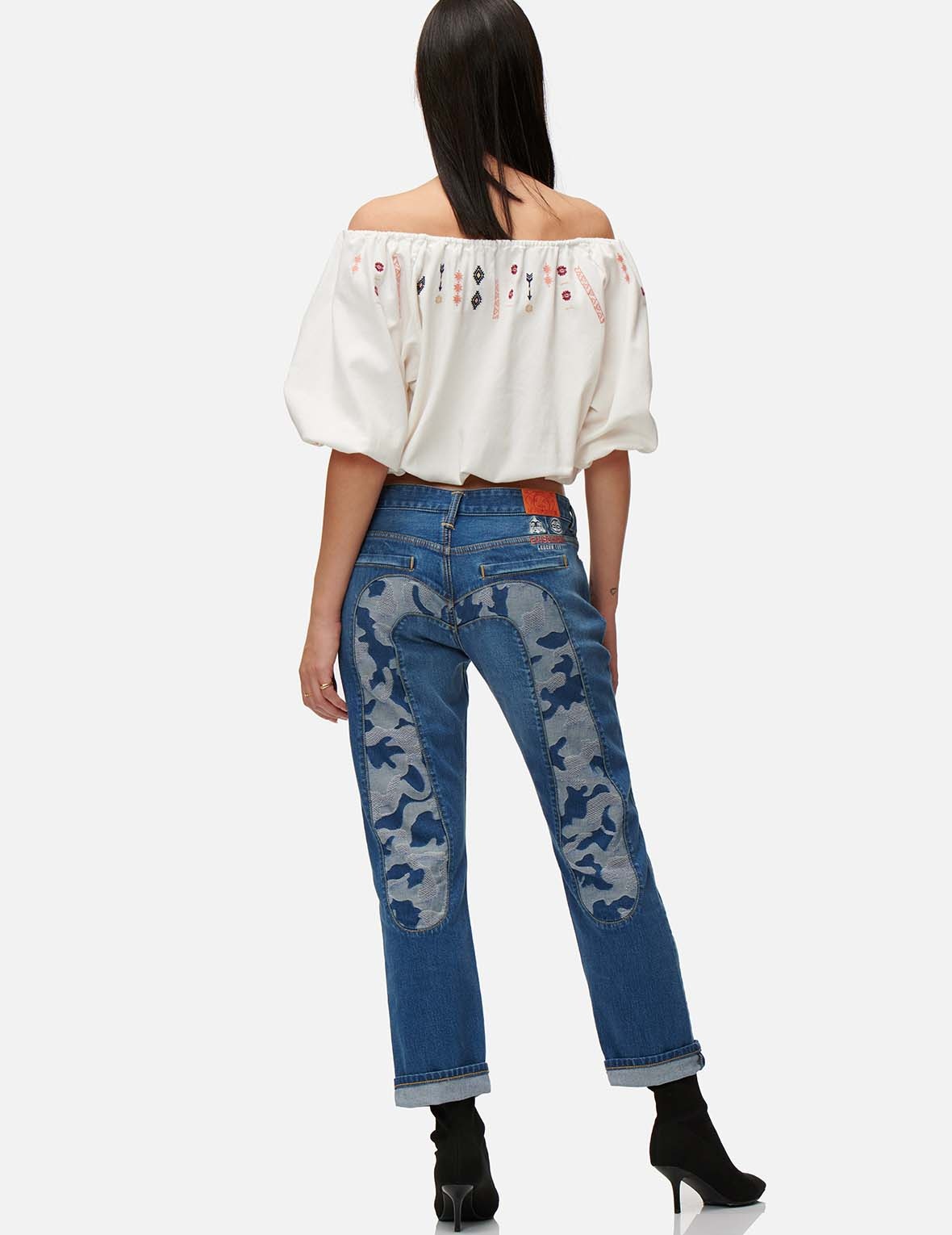 FOLKLORE PATTERN EMBROIDERED DENIM BLOUSE - 7