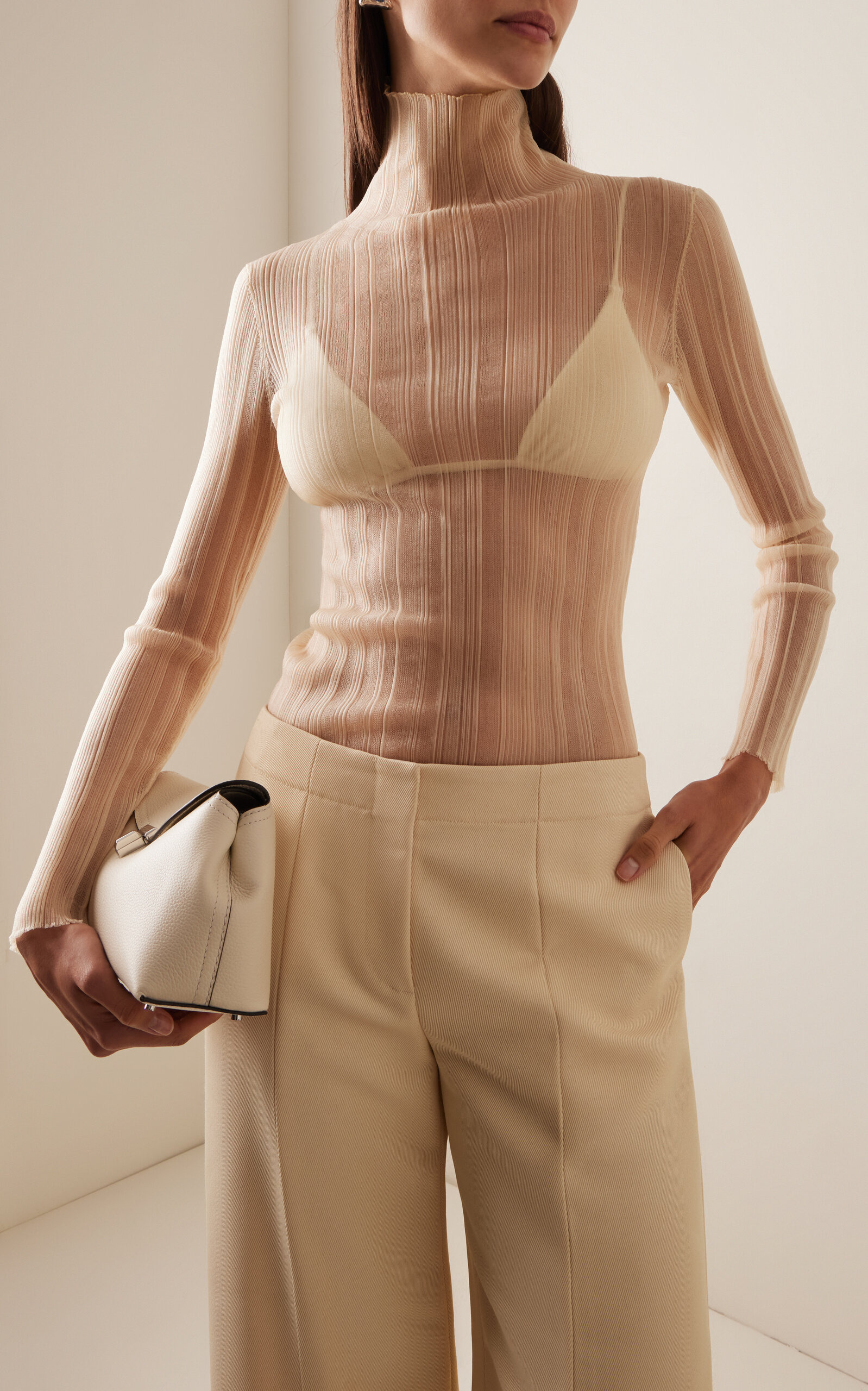 Plissé Nylon Mesh Turtleneck Top off-white - 3