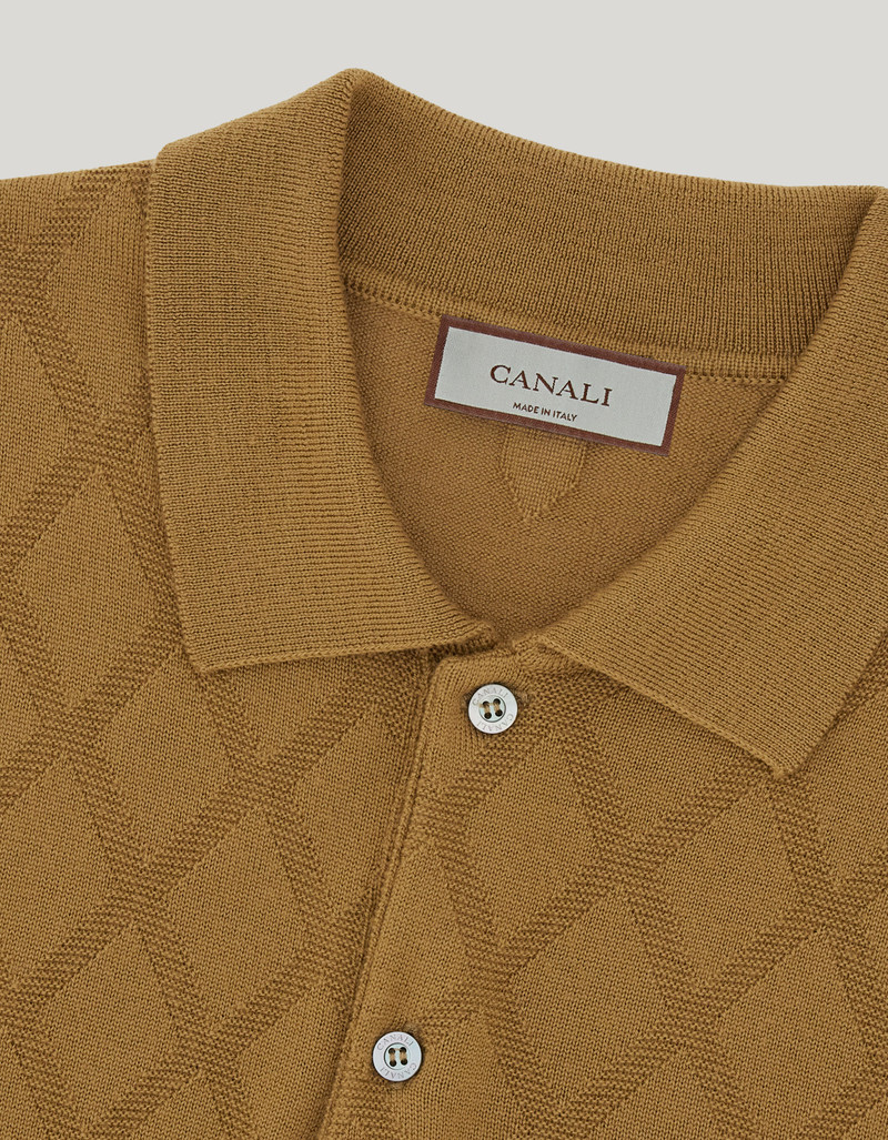 SHORT-SLEEVE MUSTARD MERINO WOOL POLO WITH DIAMOND TEXTURE 5