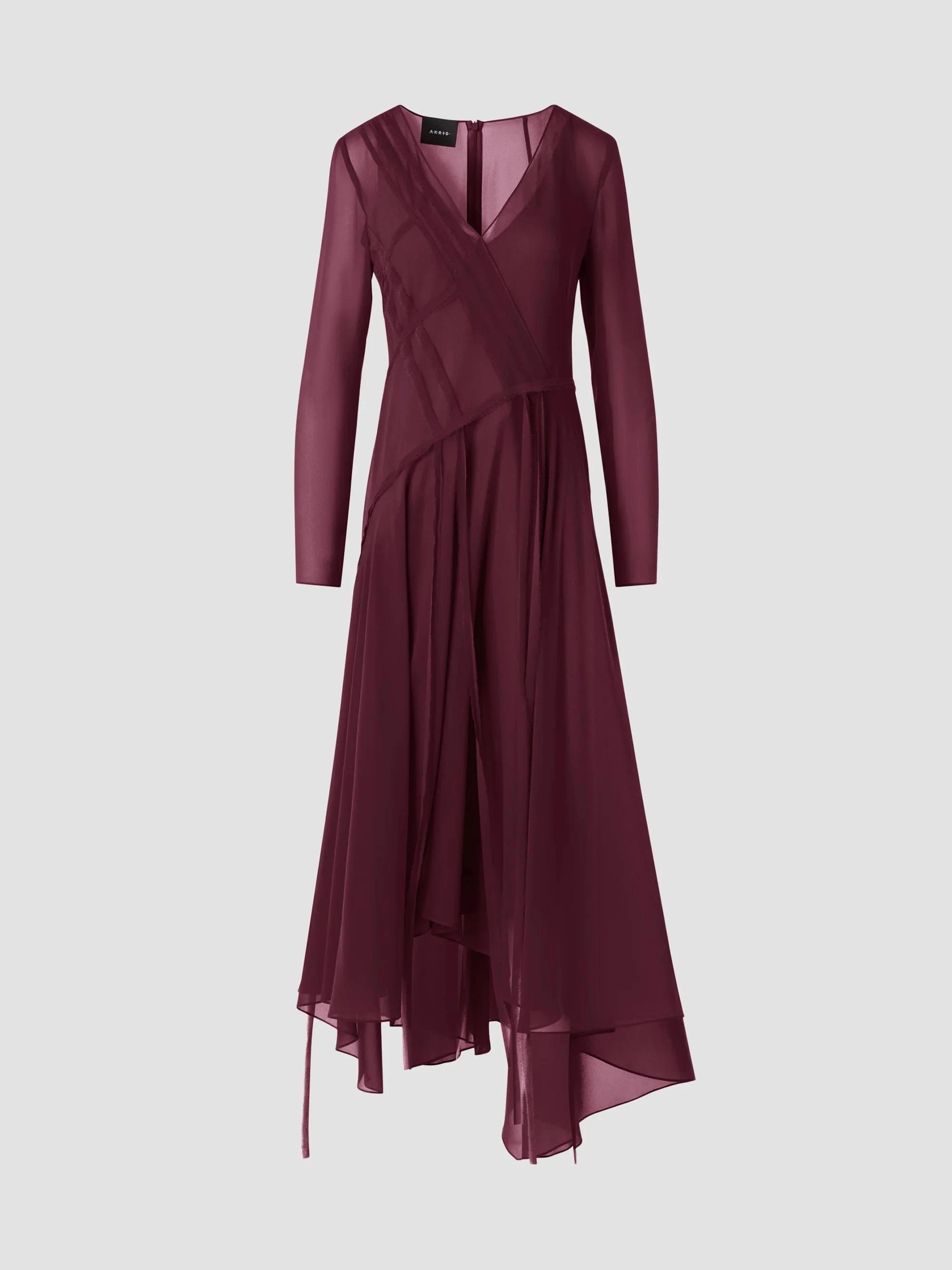 Women's Silk Asymmetric V-Neck Midi-Dress - Merlot Red - 1