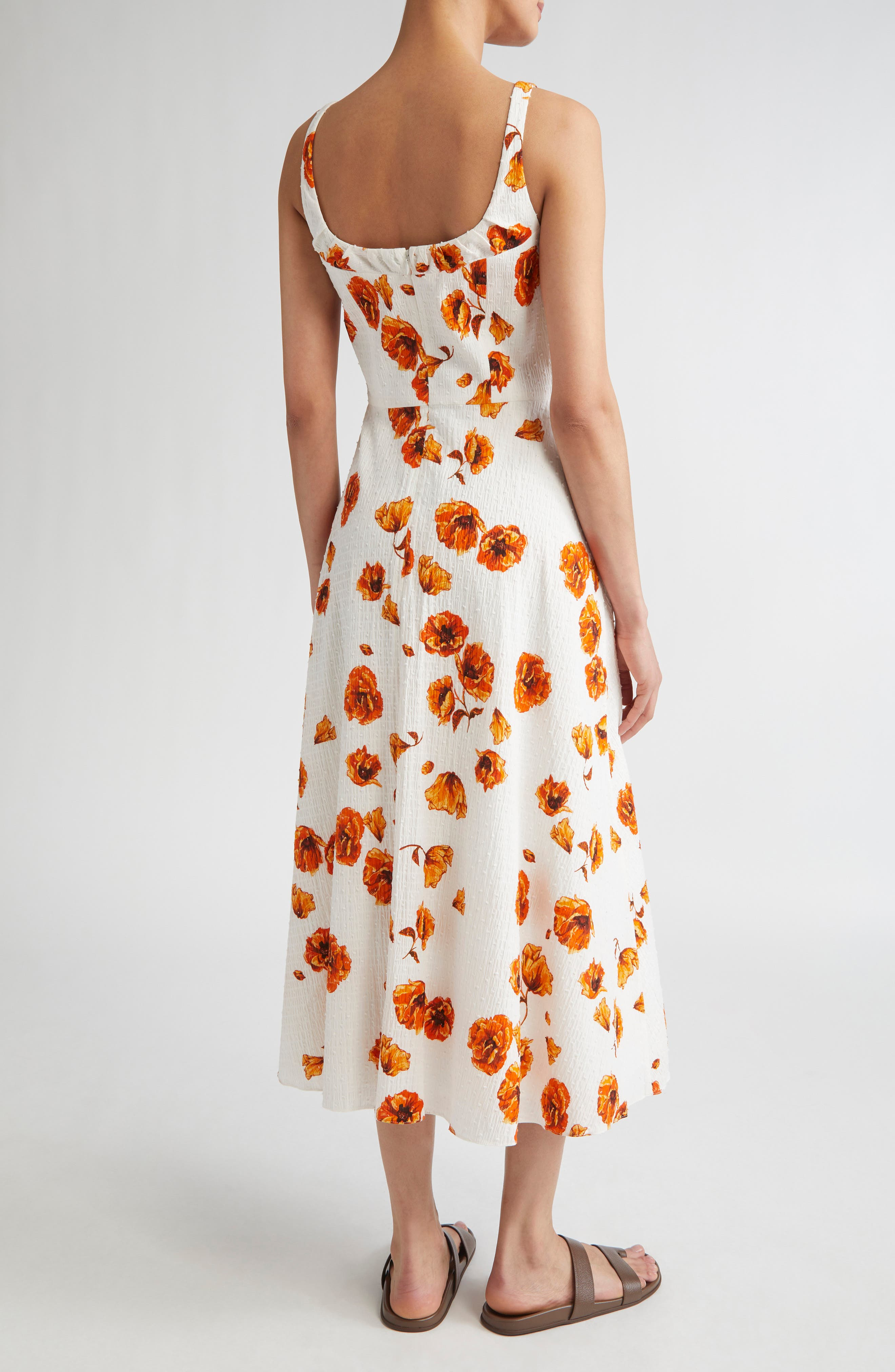 Emilia Wickstead Verena Poppies Print Clip Dot Seersucker Midi Dress in Orange Poppies at Nordstrom - 2