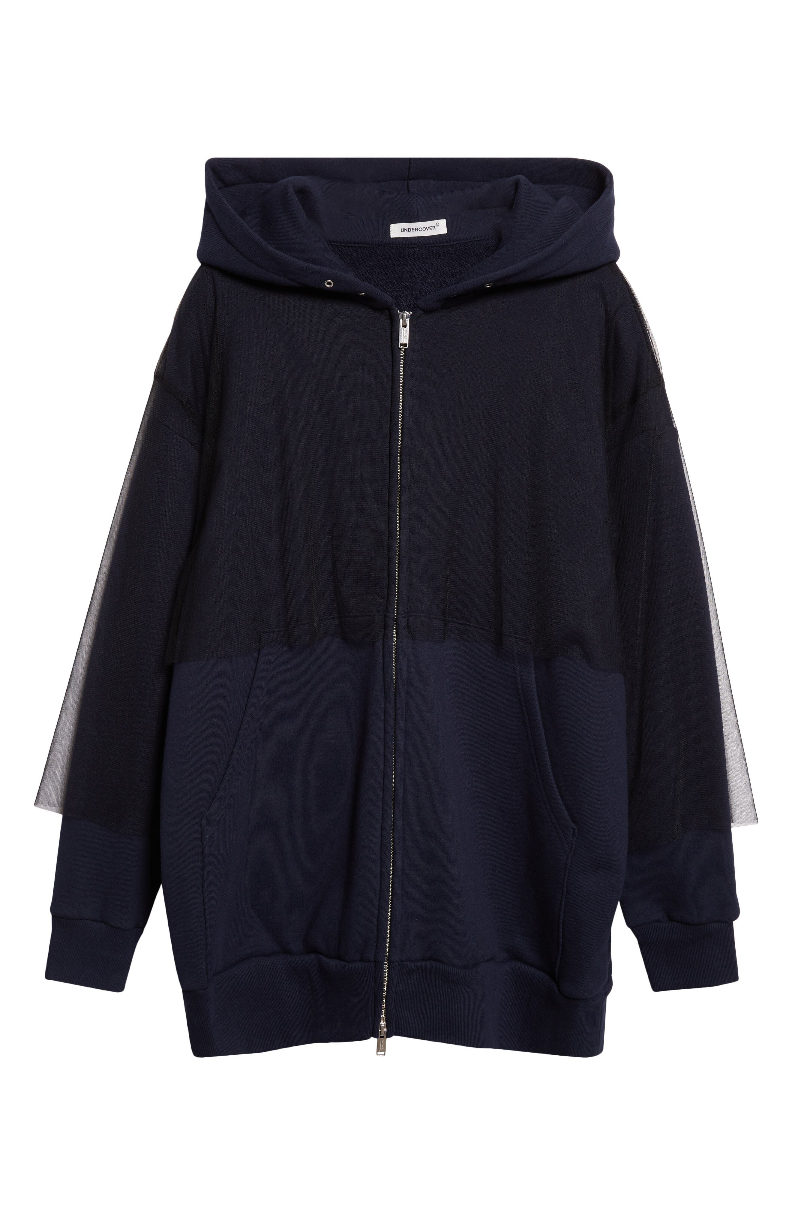 Undercover Tulle Overlay Oversize Cotton Fleece Zip-Up Hoodie in Navy at Nordstrom - 1