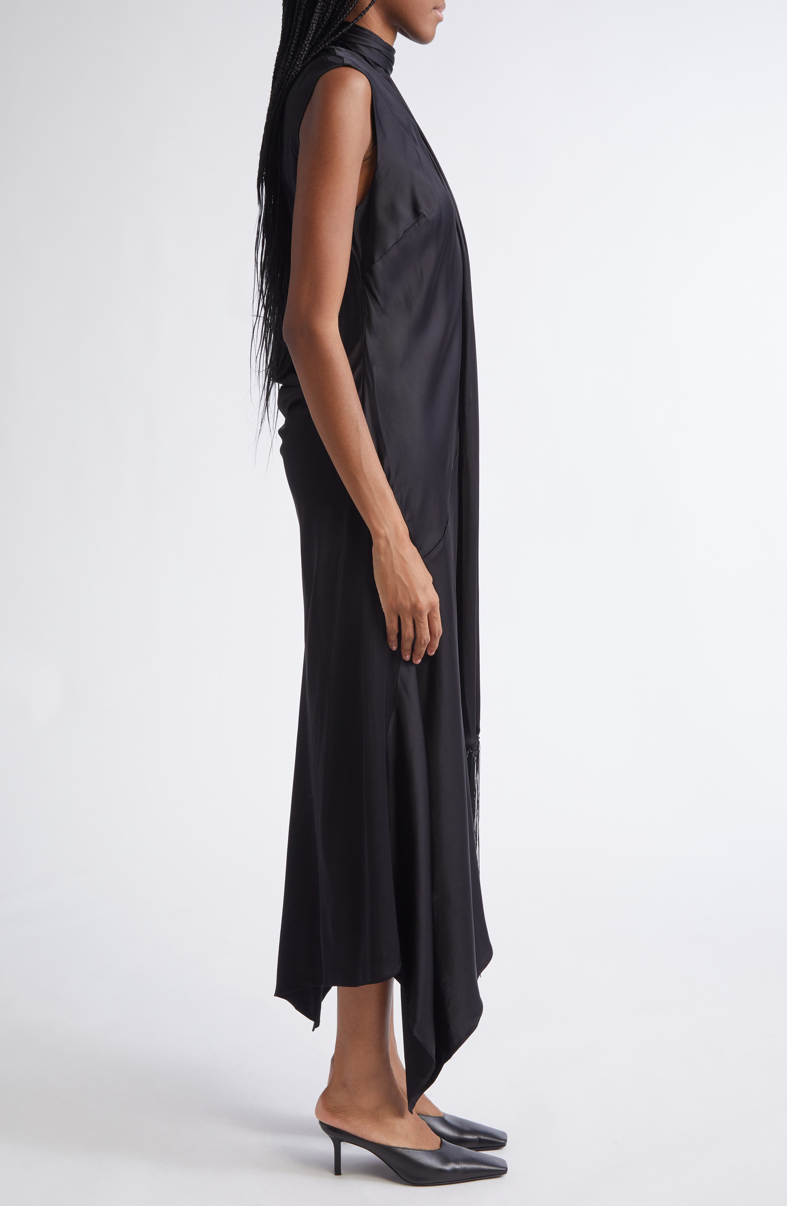 Acne Studios Dale Attached Scarf Asymmetric Satin Dress in Black at Nordstrom - 3