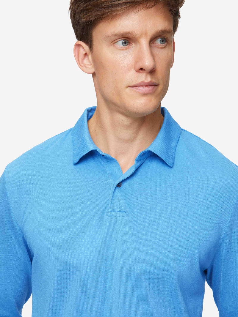 Men's Long Sleeve Polo Shirt Ramsay 4 Pique Cotton Tencel Blue - 2