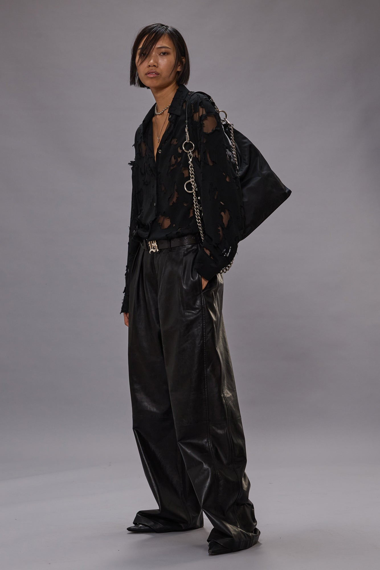 PLEATED WIDE LEG LEATHER PANT - 2