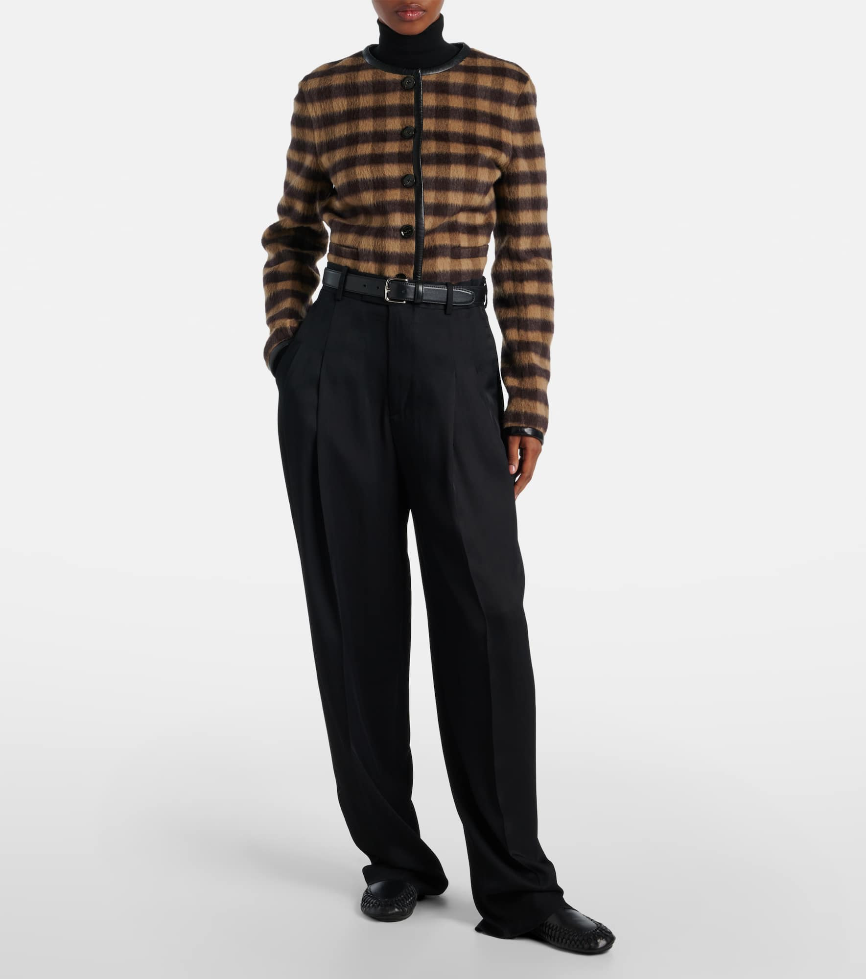 Checked leather-trimmed wool-blend jacket - 2