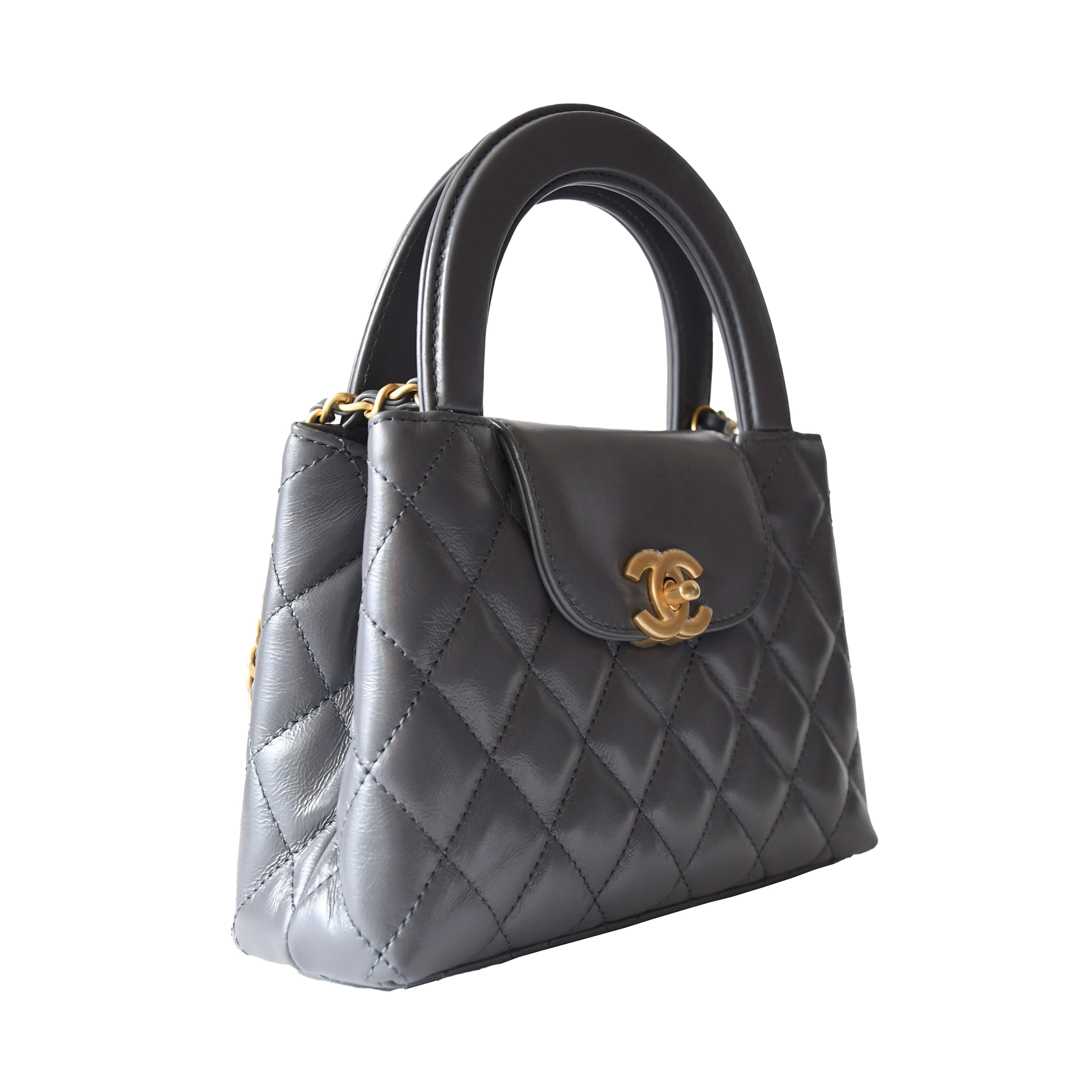 Chanel Shiny Aged Calfskin Quilted Mini Kelly Brushed Gold Hardware Grey - 3