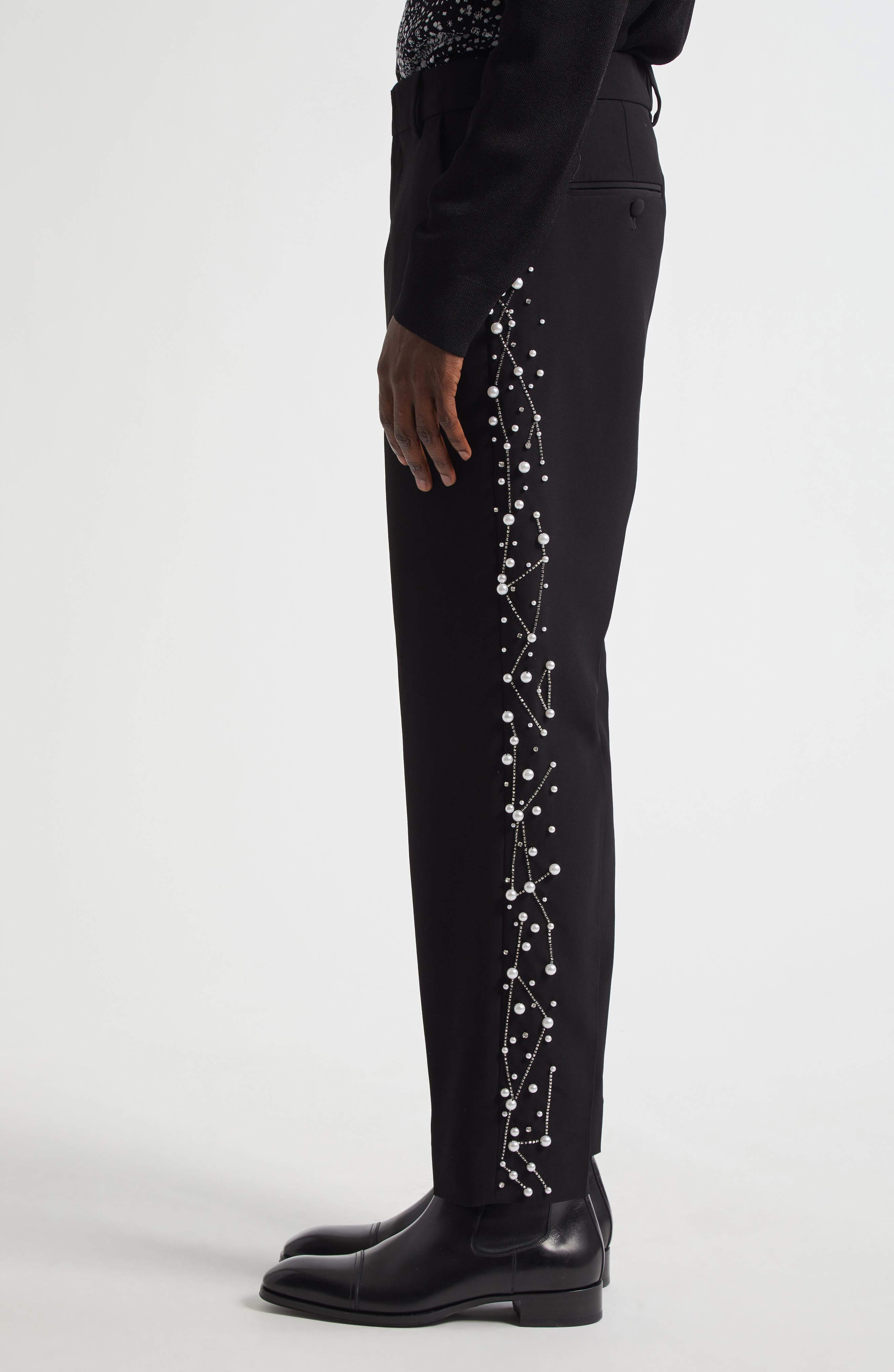 Balmain Imitation Pearl Constellation Embroidered Pants in Black/Crystal at Nordstrom - 4