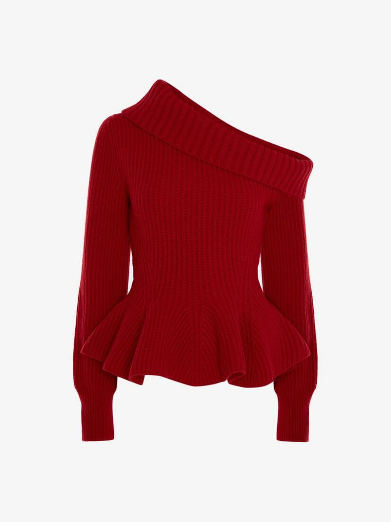 One-shoulder Peplum Jumper in Welsh Red 1