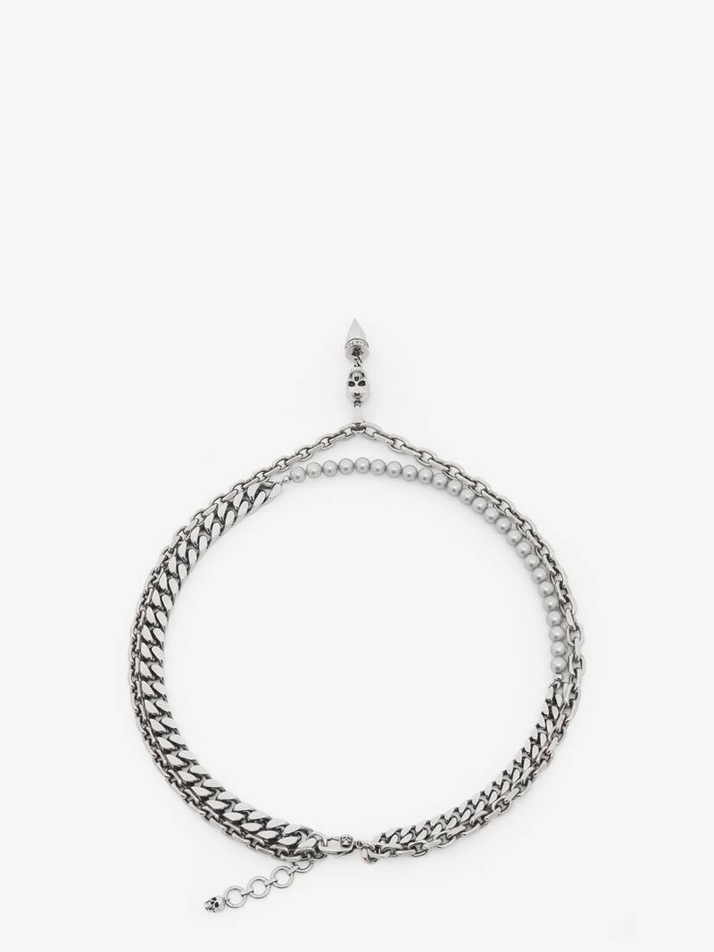 Men's Pearl And Skull Stud Necklace in Antique Silver 3