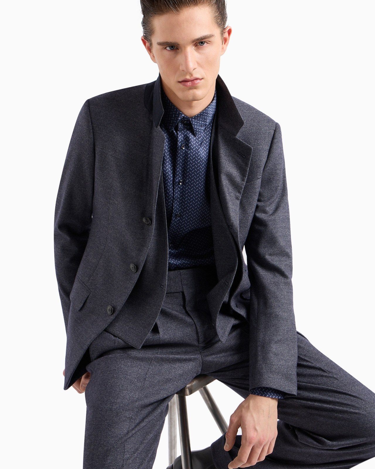Double breasted waistcoat in denim-effect virgin wool and cashmere - 6