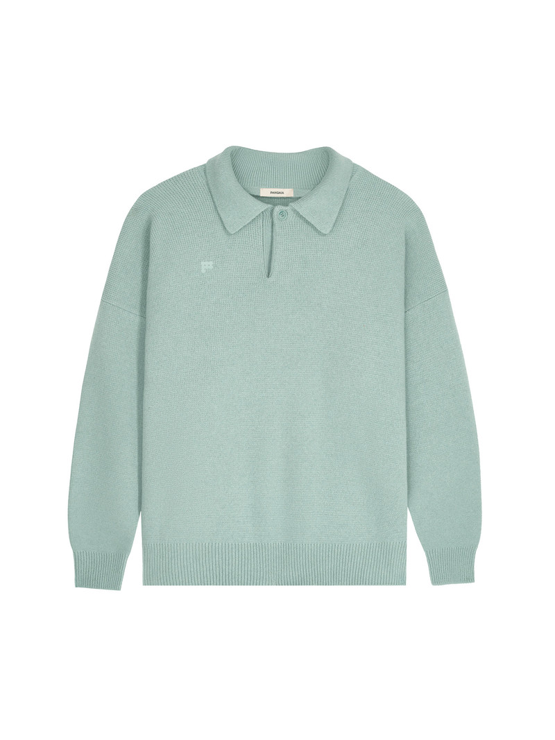 Mens Recycled Cashmere Polo Sweater - Eucalyptus Blue 1