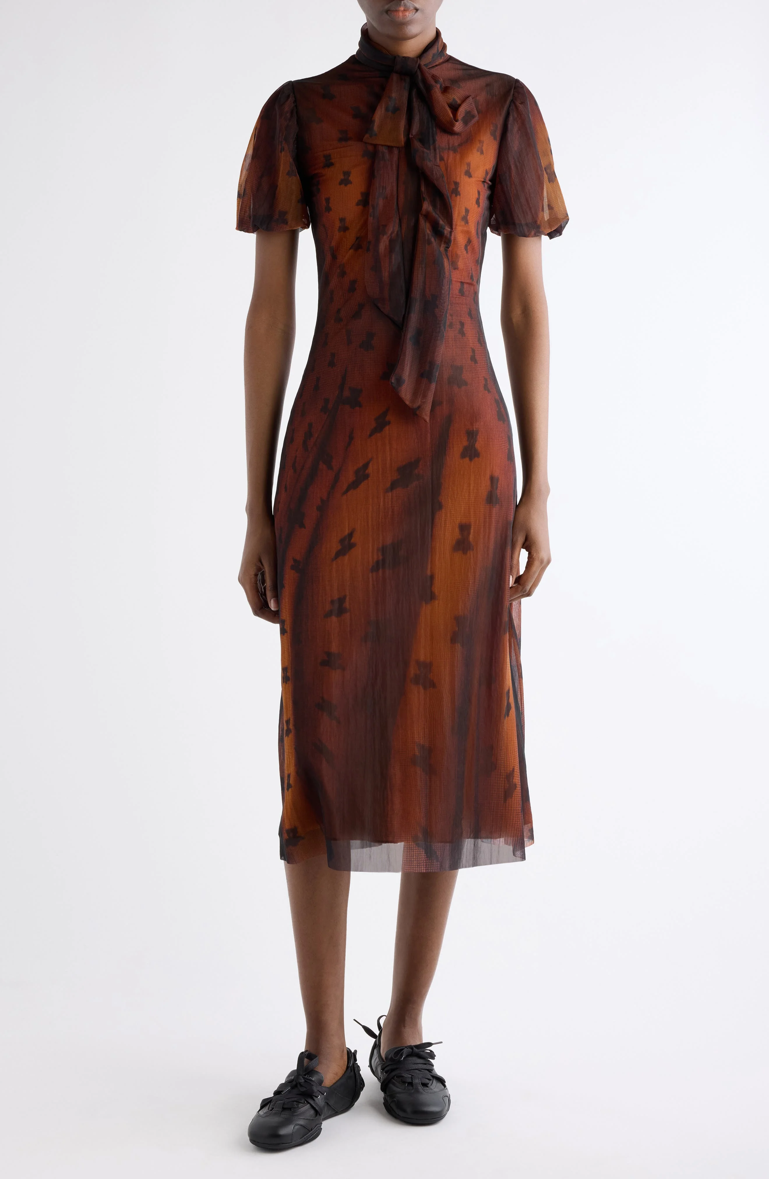 Acne Studios Emaija Teddy Print Puff Sleeve Mesh Dress in Rust Brown at Nordstrom - 1