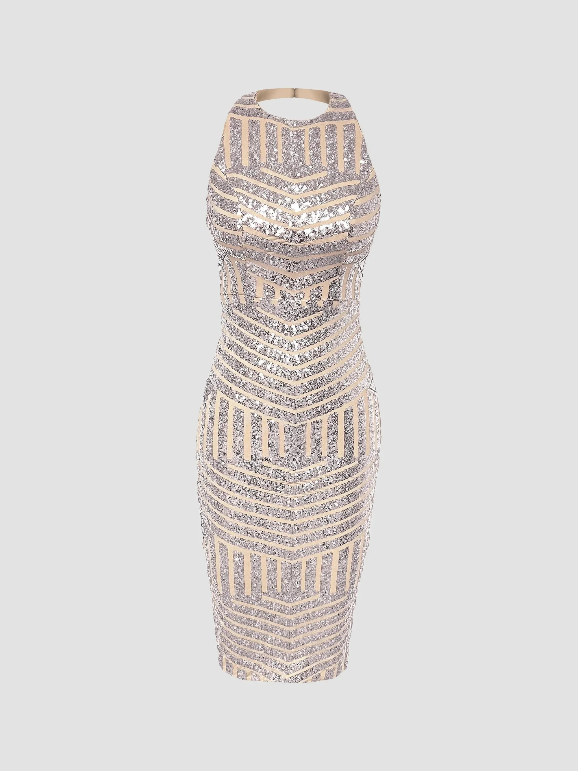 Women's Cleo Sequined Halterneck Midi Dress - Silver Beige - 1