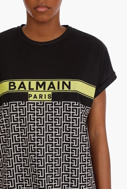 Bicolor cotton jacquard T-shirt with lime green Balmain logo print - 6