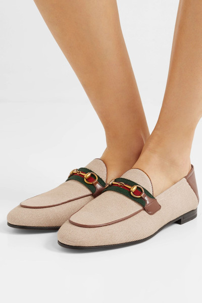 GUCCI Brixton horsebit-detailed leather-trimmed canvas collapsible-heel loafers outlook