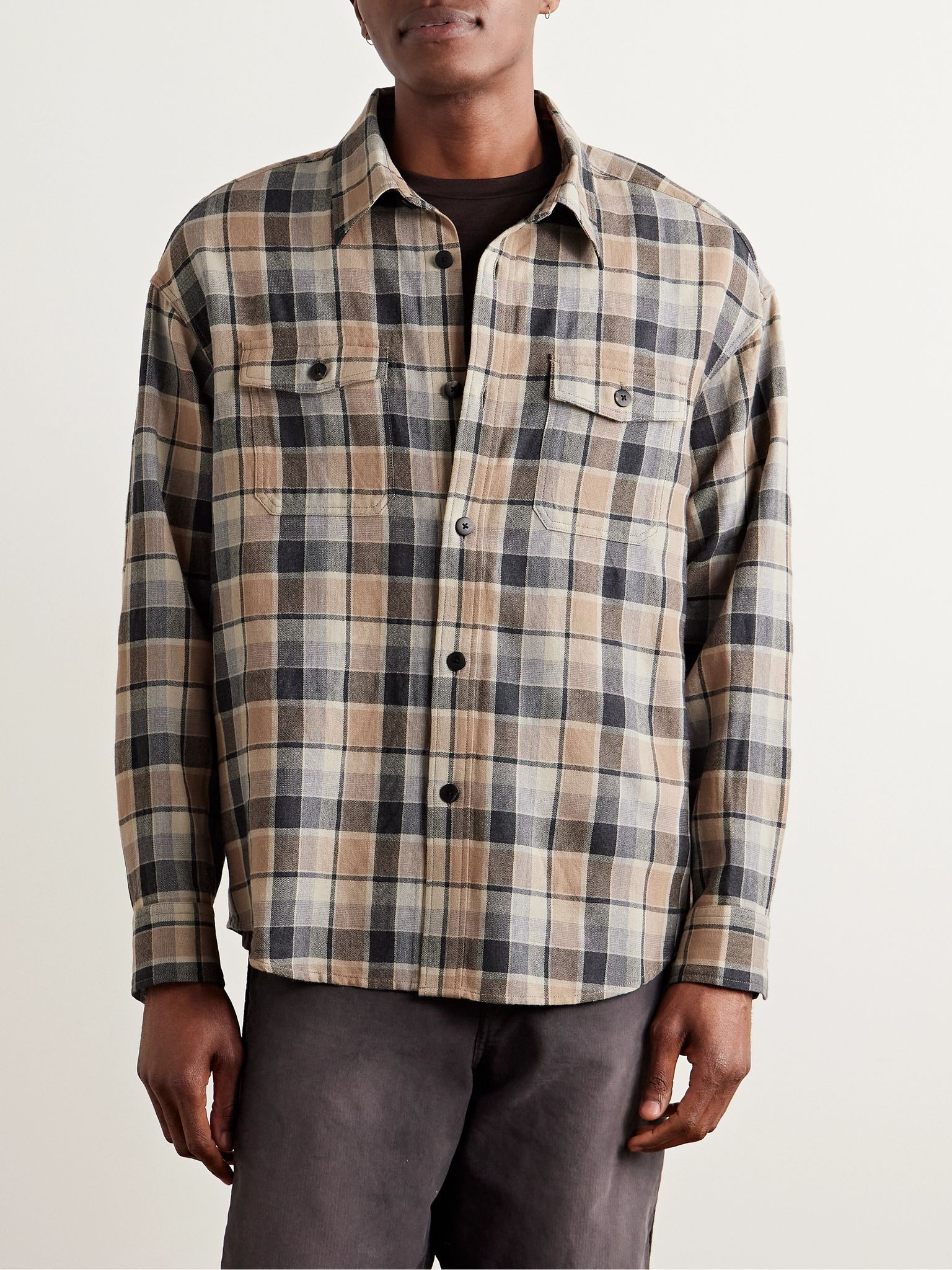 Checked Wool and Linen-Blend Shirt Brown - 3
