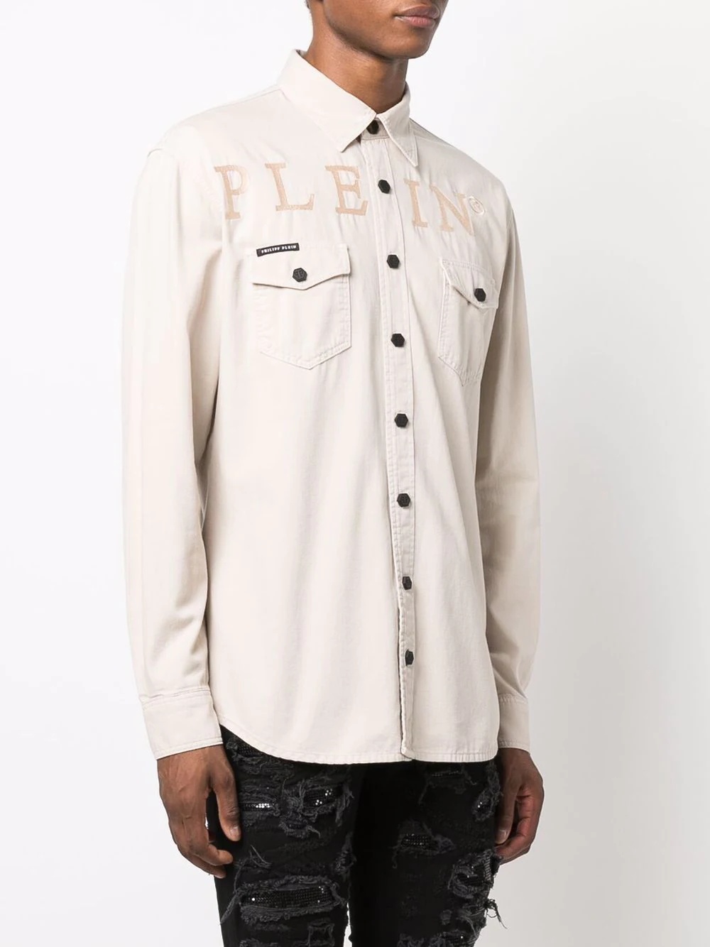 embroidered-logo denim shirt - 3