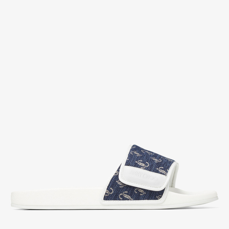 Fitz/M
Navy and White JC Logo Jacquard and White Nappa Leather Slides 1
