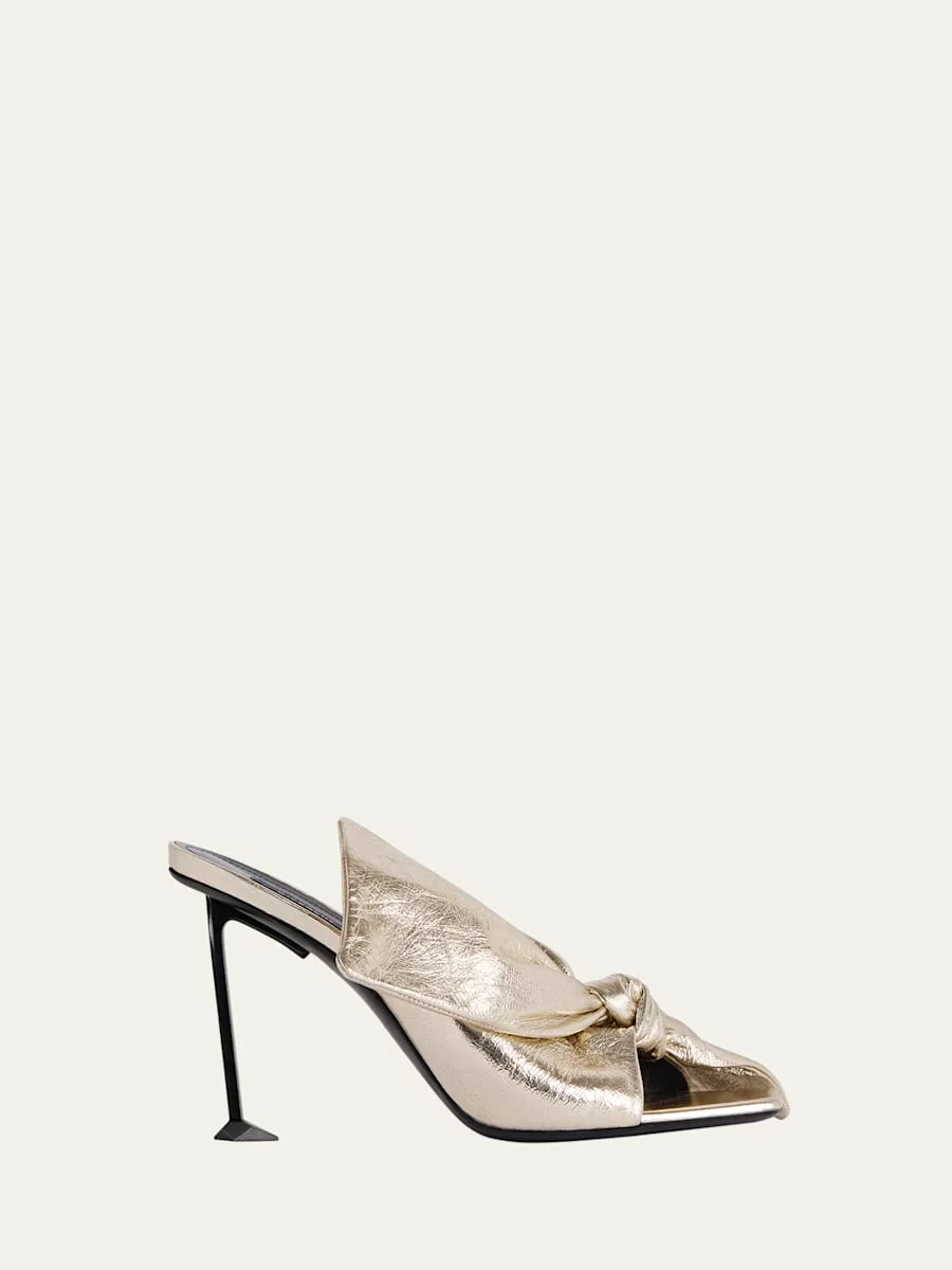 95mm Crinkled Metallic Leather Bow Mules - 1