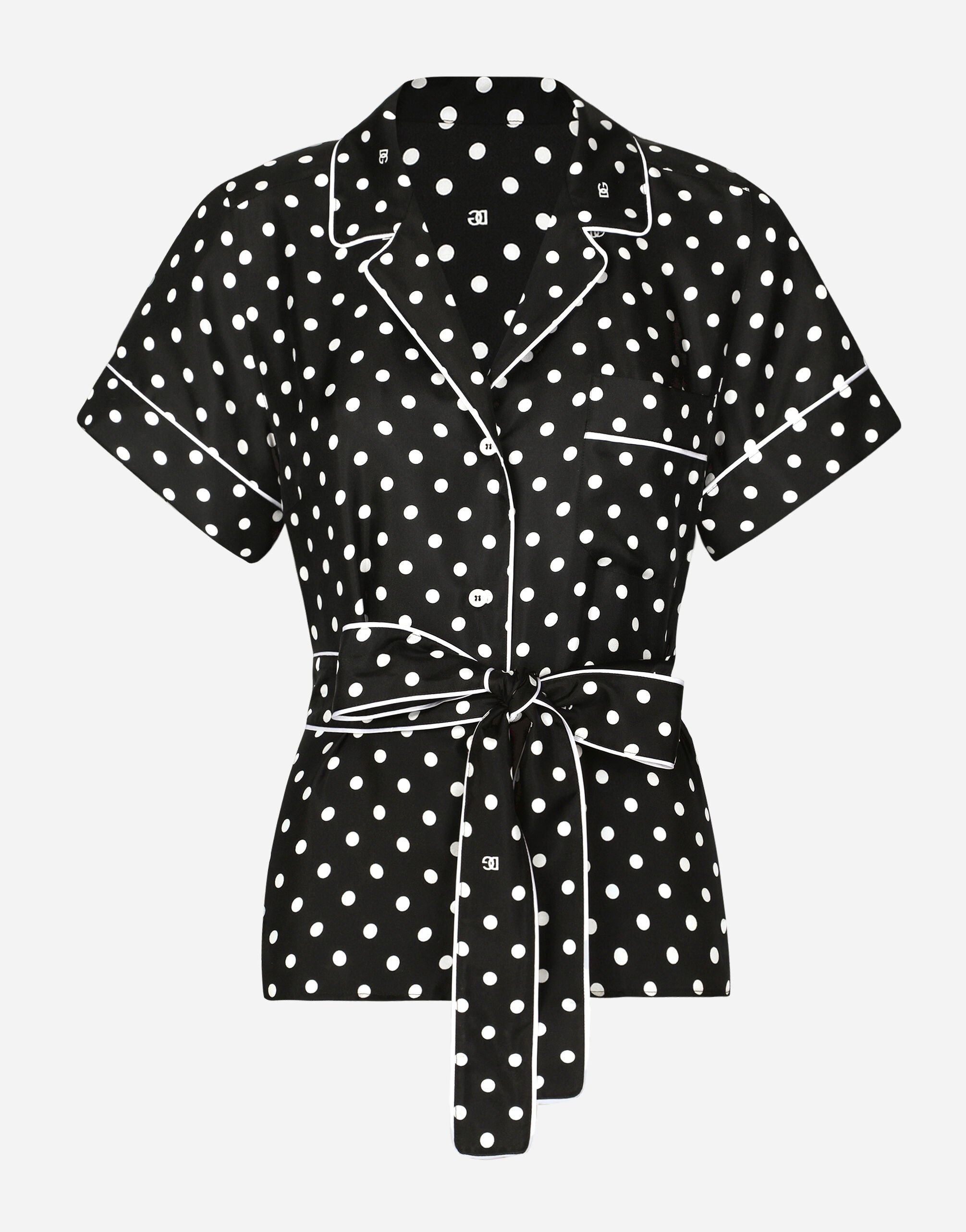 Short-sleeved silk pajama shirt with polka-dot print - 1