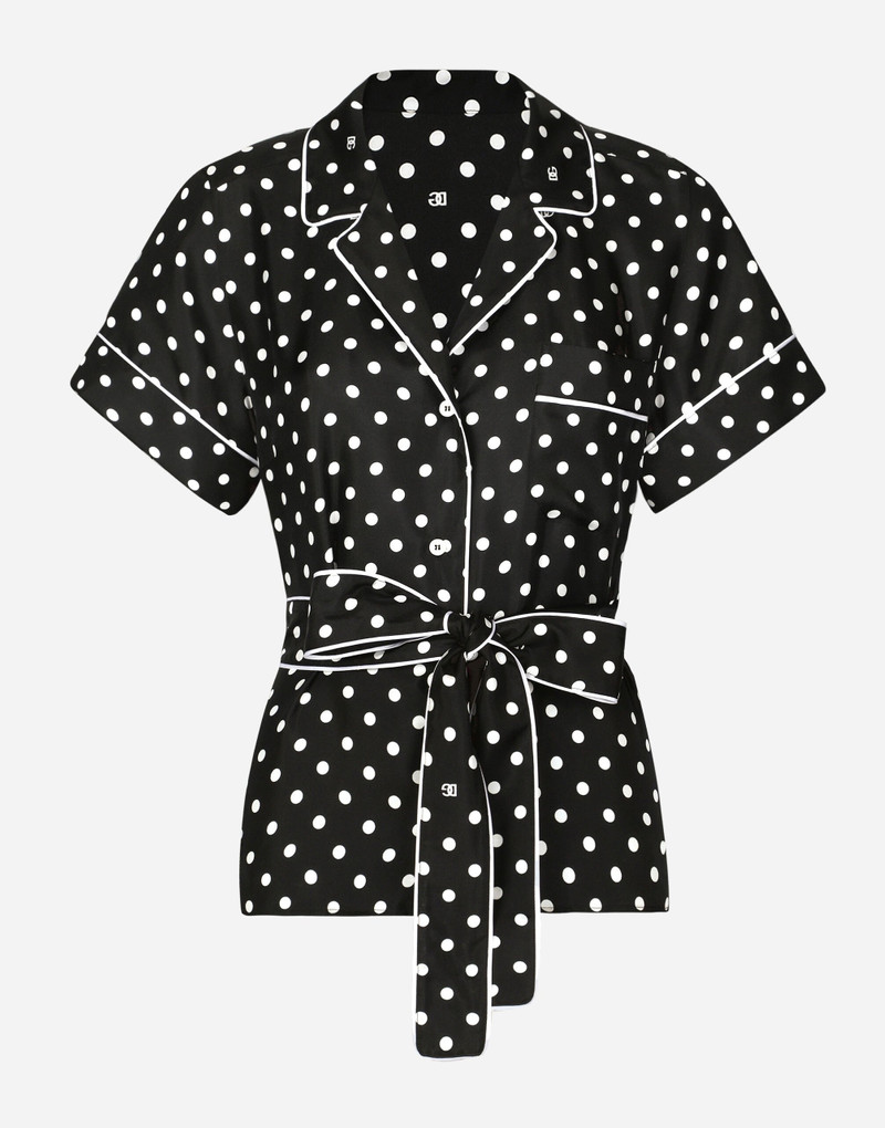 Short-sleeved silk pajama shirt with polka-dot print 1