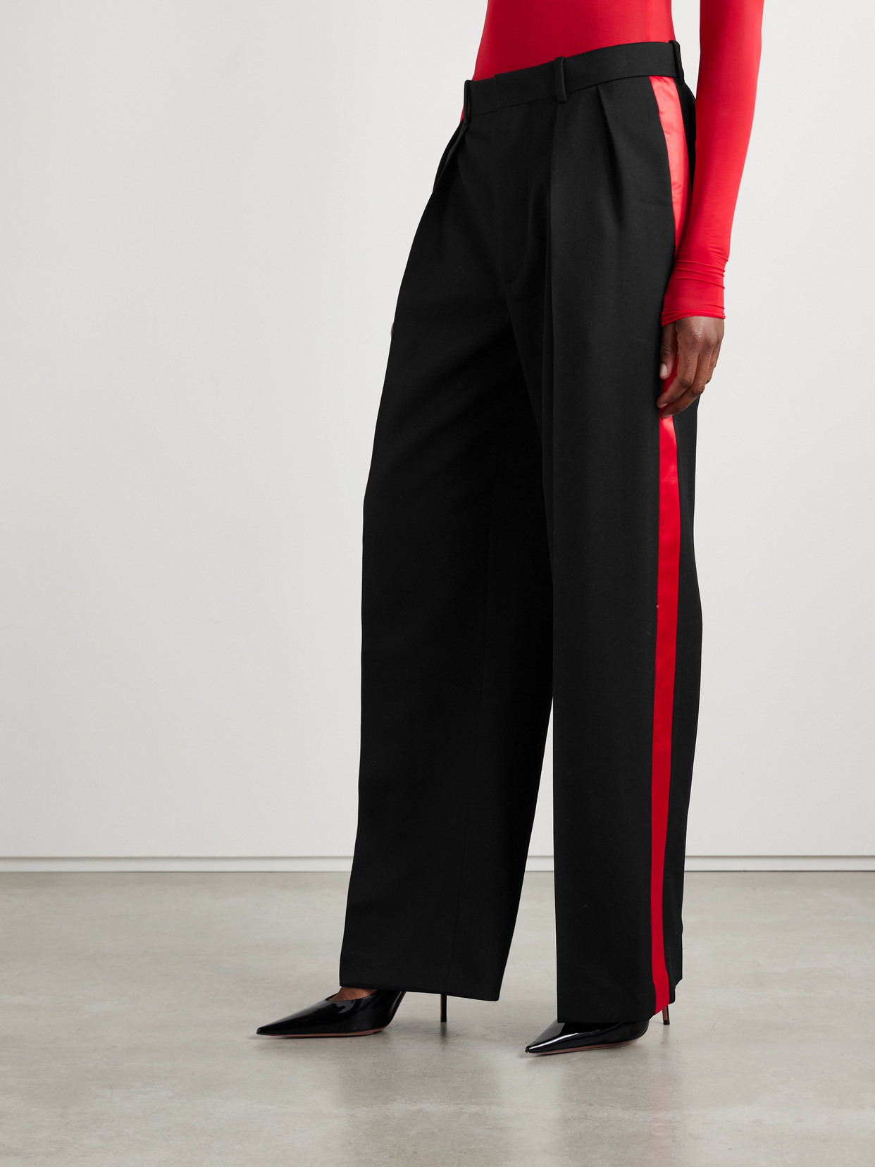 Pleated Silk-satin Trimmed Wool-piqué Wide-leg Pants - 4
