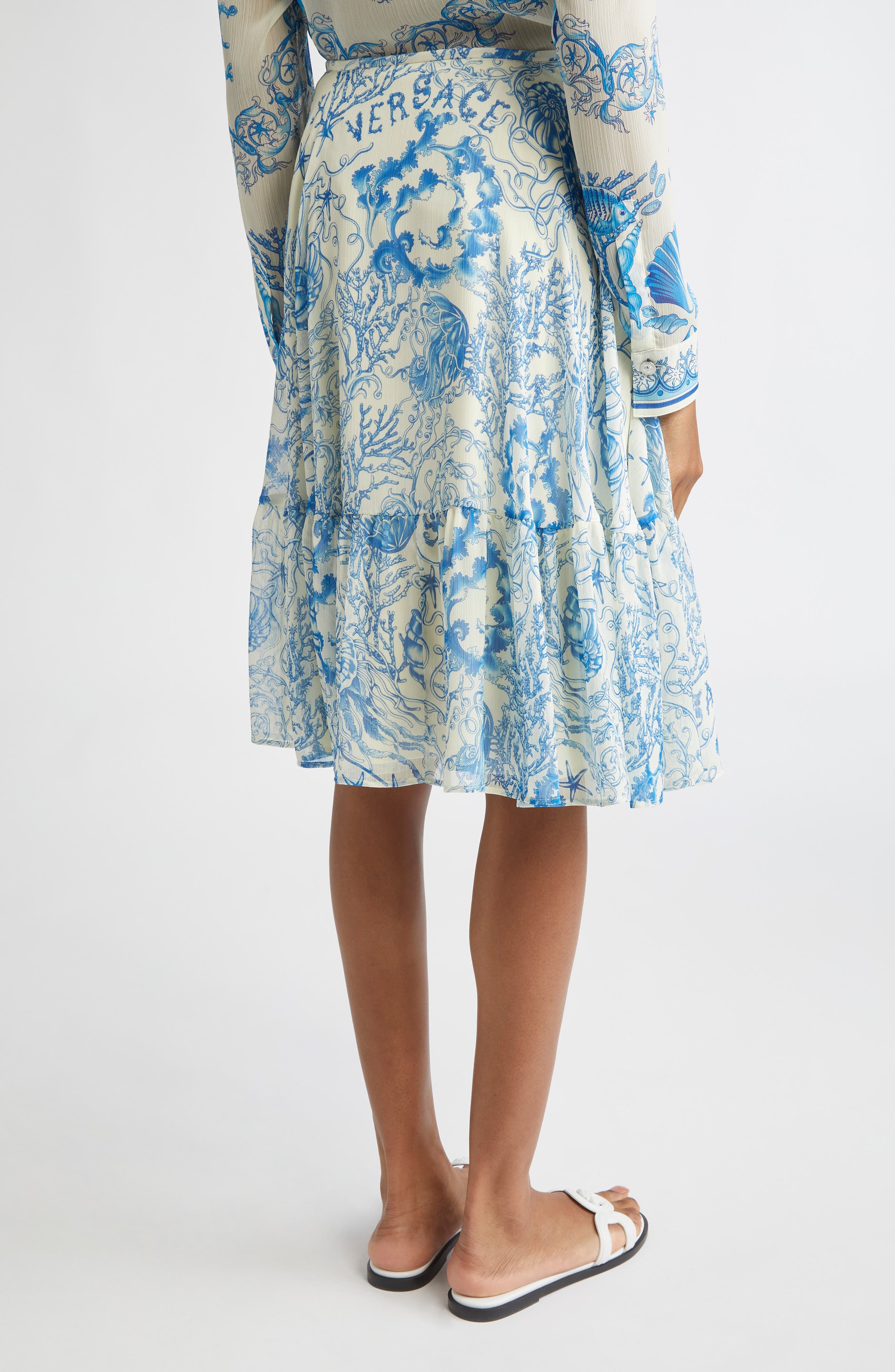 Versace Underwater Barocco Techno Crepon Skirt in Eggshell Bright Dv Blue at Nordstrom - 3