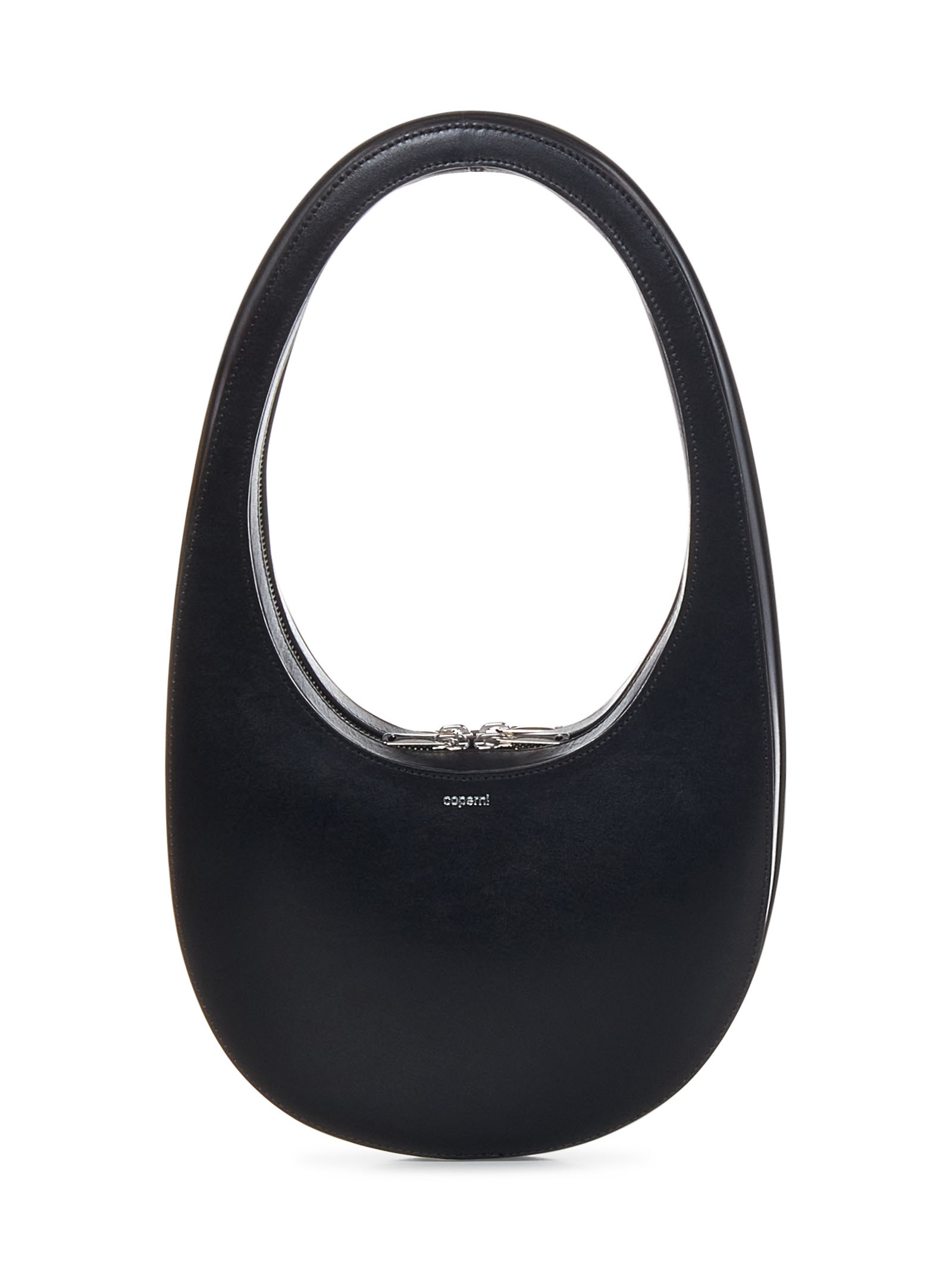 Oval handbag in black leather with silver logo print on the front. - 1