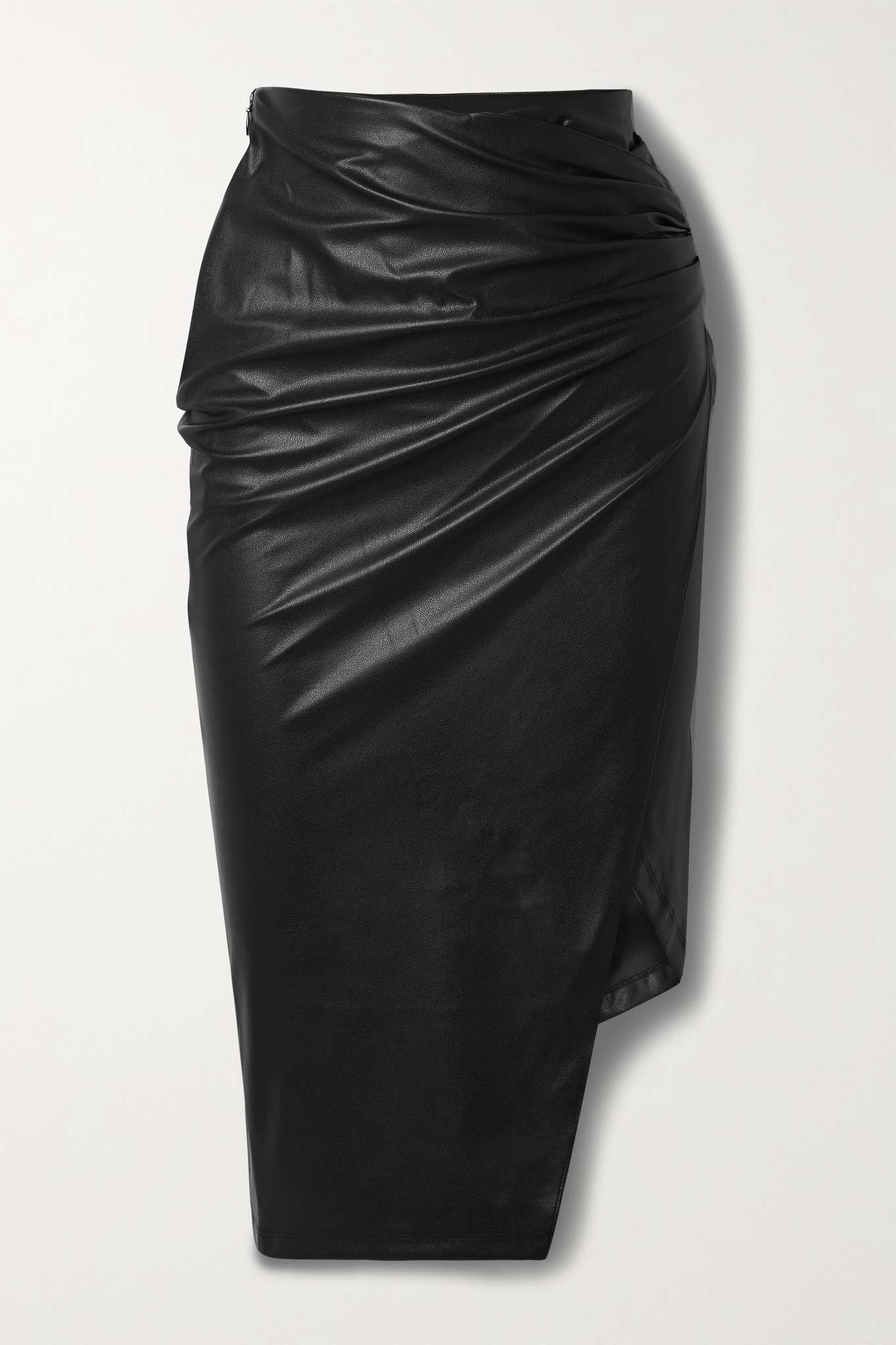 Ruched wrap-effect vegan leather midi skirt - 1