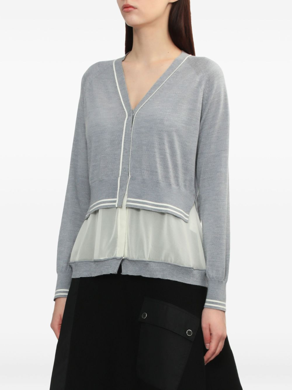 chiffon-trim V-neck wool cardigan - 3
