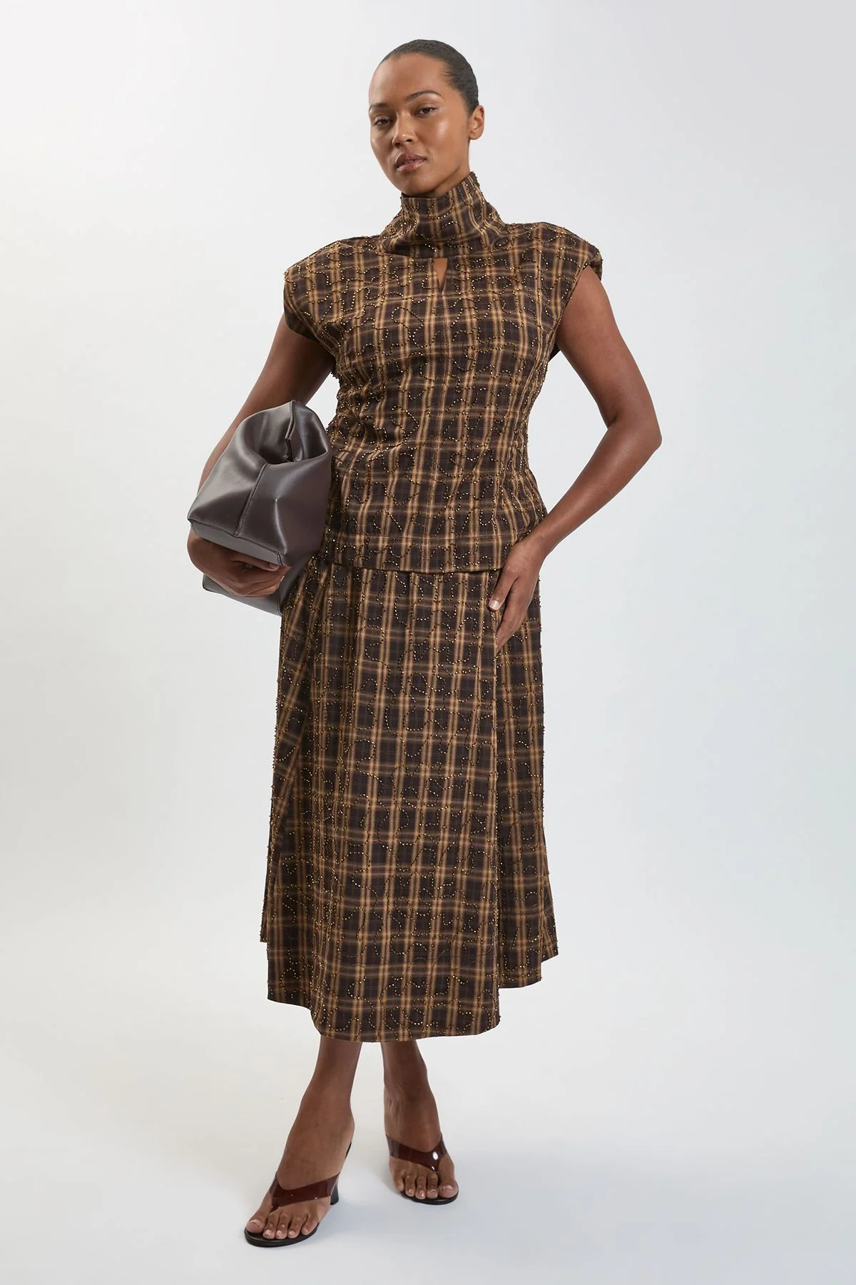 Plus Size Beaded Check Print Midi Skirt - 1