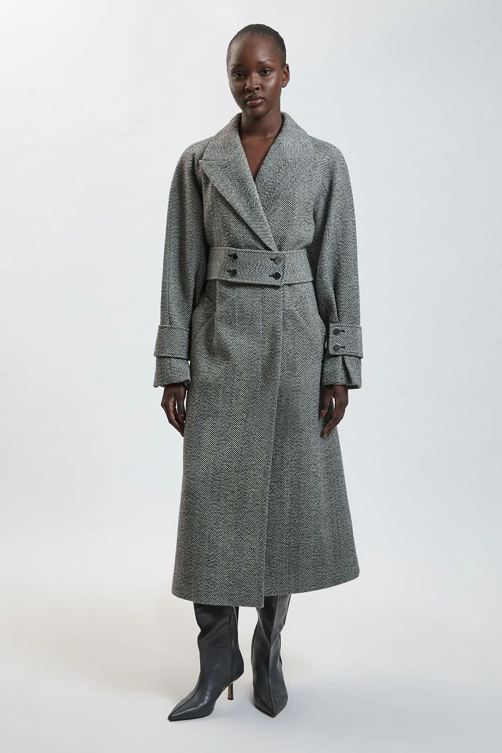 Wool Herringbone Belted Maxi Trench Coat - 1