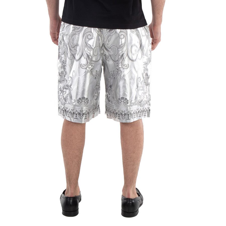 Versace Men's Silver Baroque Print Silk Twill Shorts - 6