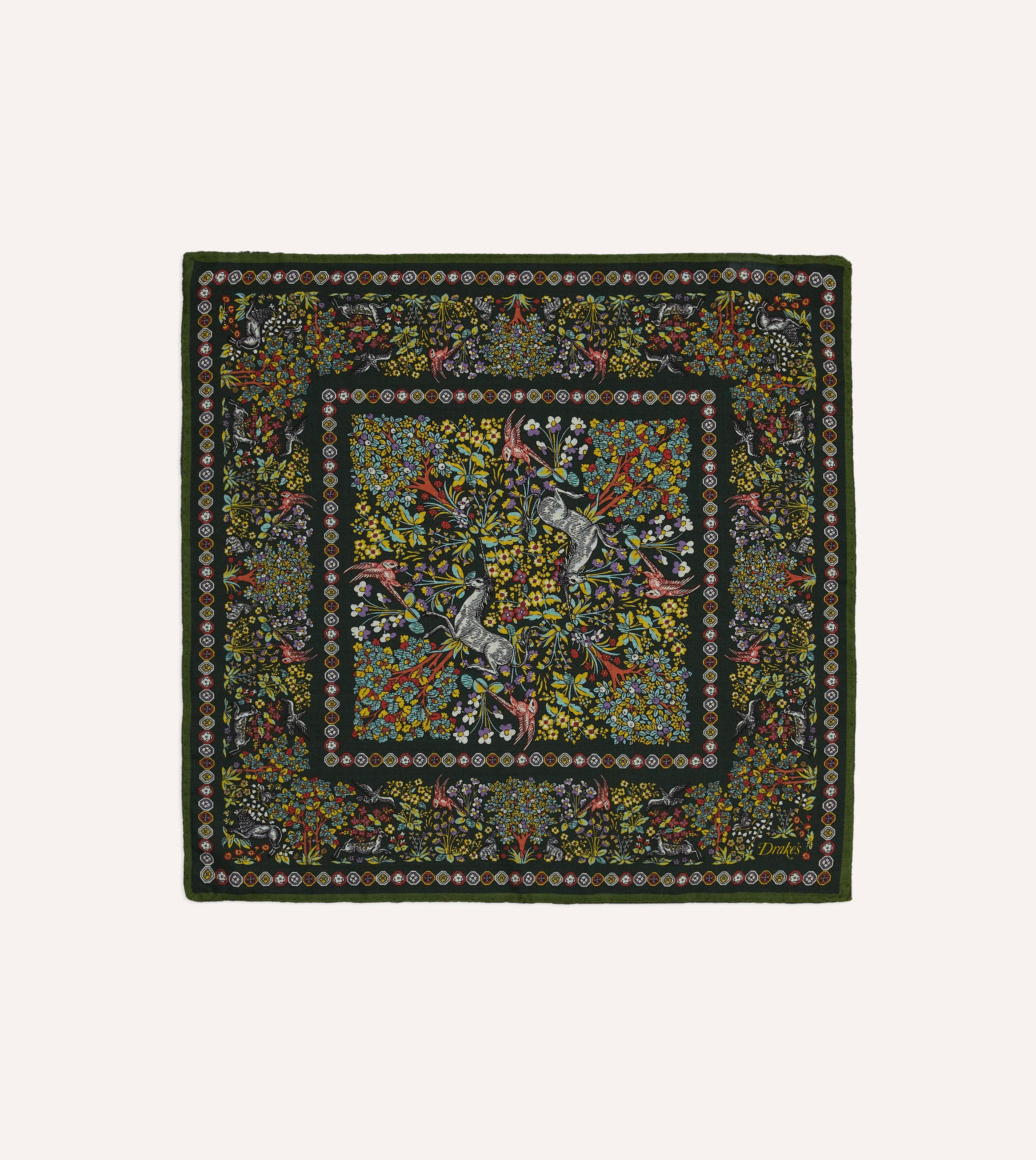 Gold Floral Unicorn Print Wool-Silk Pocket Square - 1