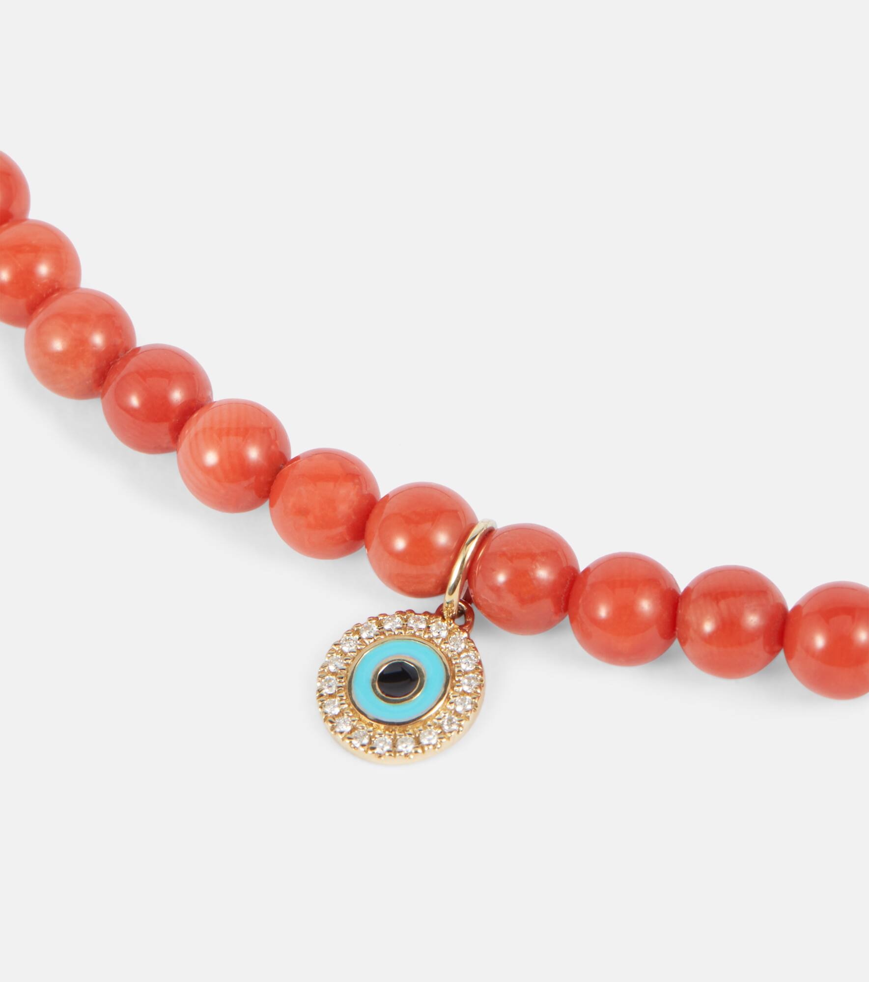 Evil Eye 14kt gold and coral beaded necklace with diamonds - 6