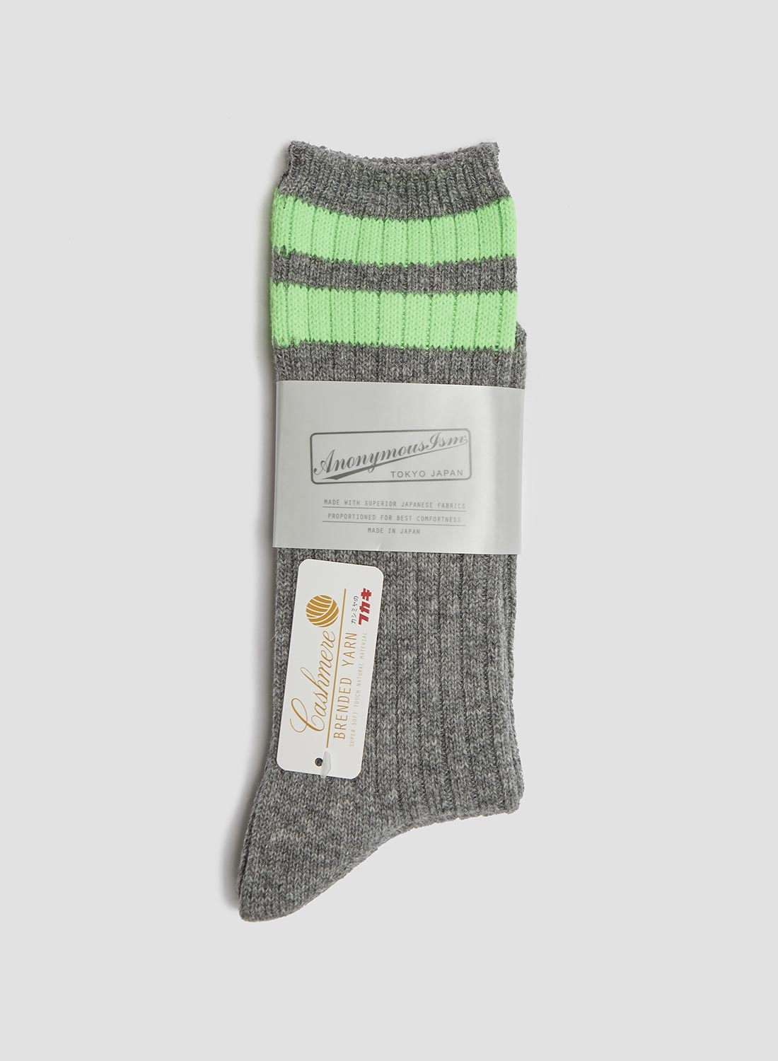 Anonymous Ism Wool Cashmere Neon Stripes Crew Sock in Mid Grey - 1