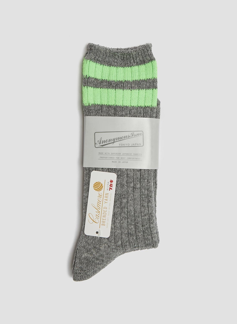 Anonymous Ism Wool Cashmere Neon Stripes Crew Sock in Mid Grey 1