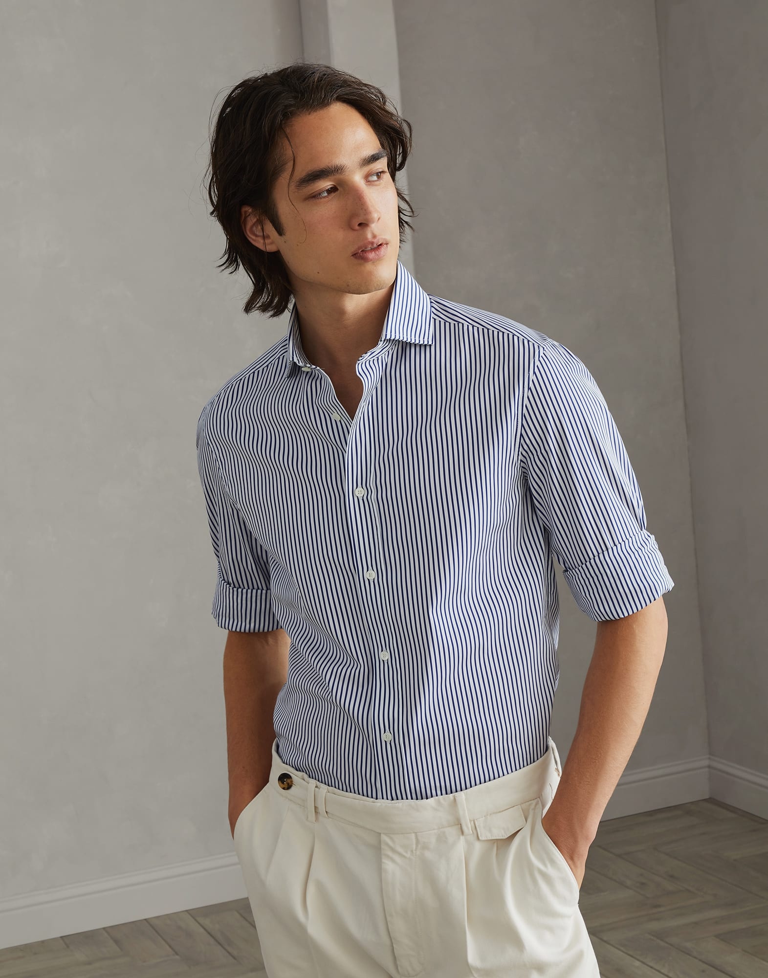 Striped poplin slim fit shirt with spread collar - 4