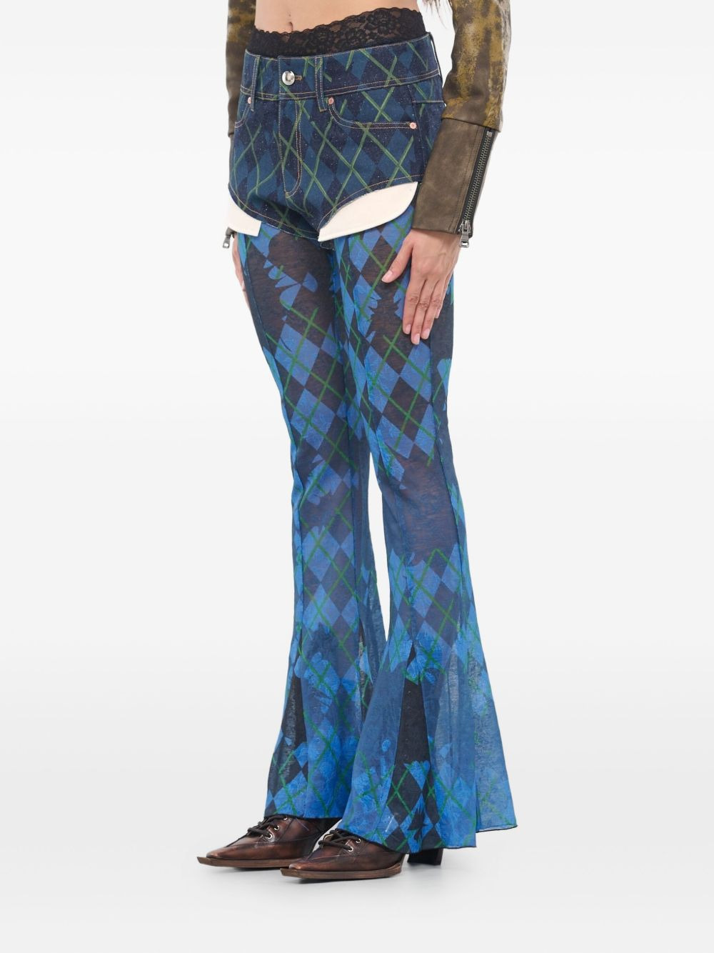 argyle-patterned denim shorts mesh trousers - 2