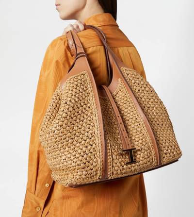 Tod's T TIMELESS SHOPPING BAG IN RAFFIA AND LEATHER MEDIUM - BEIGE, BROWN outlook