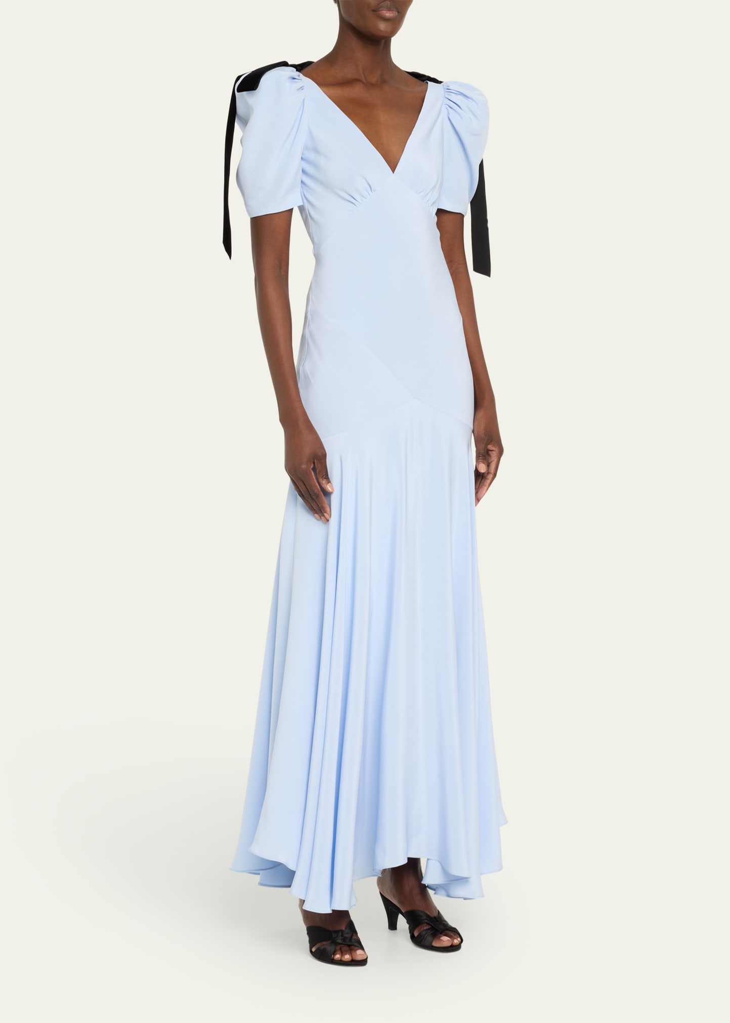 Velvet Bow Silk Crepe Bias Maxi Dress - 4