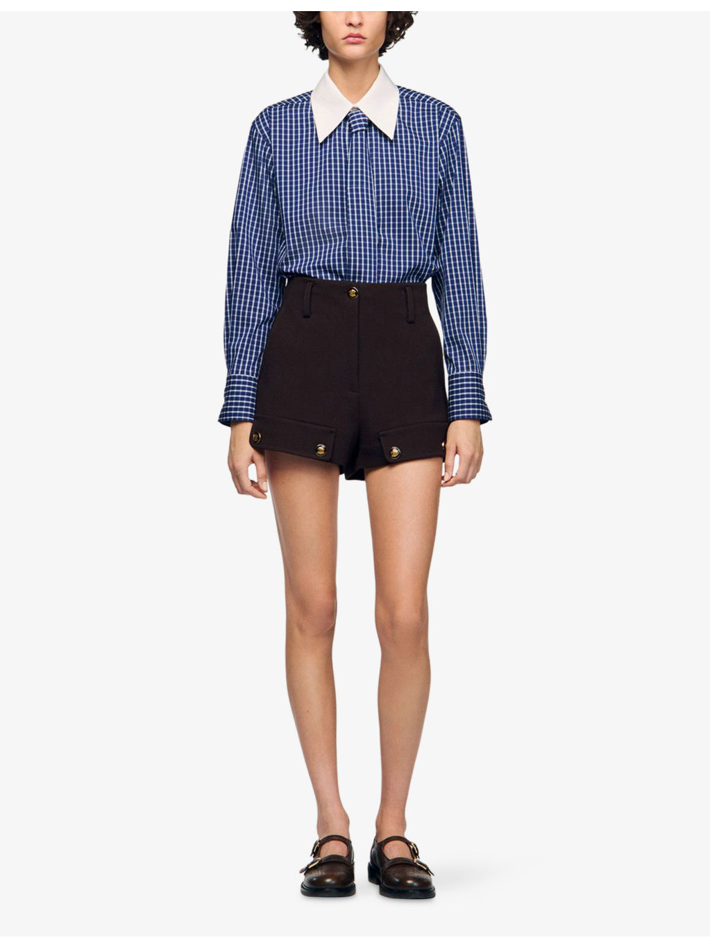 Tie-Neck Long-Sleeve Checked Stretch Cotton-Blend Shirt - 2