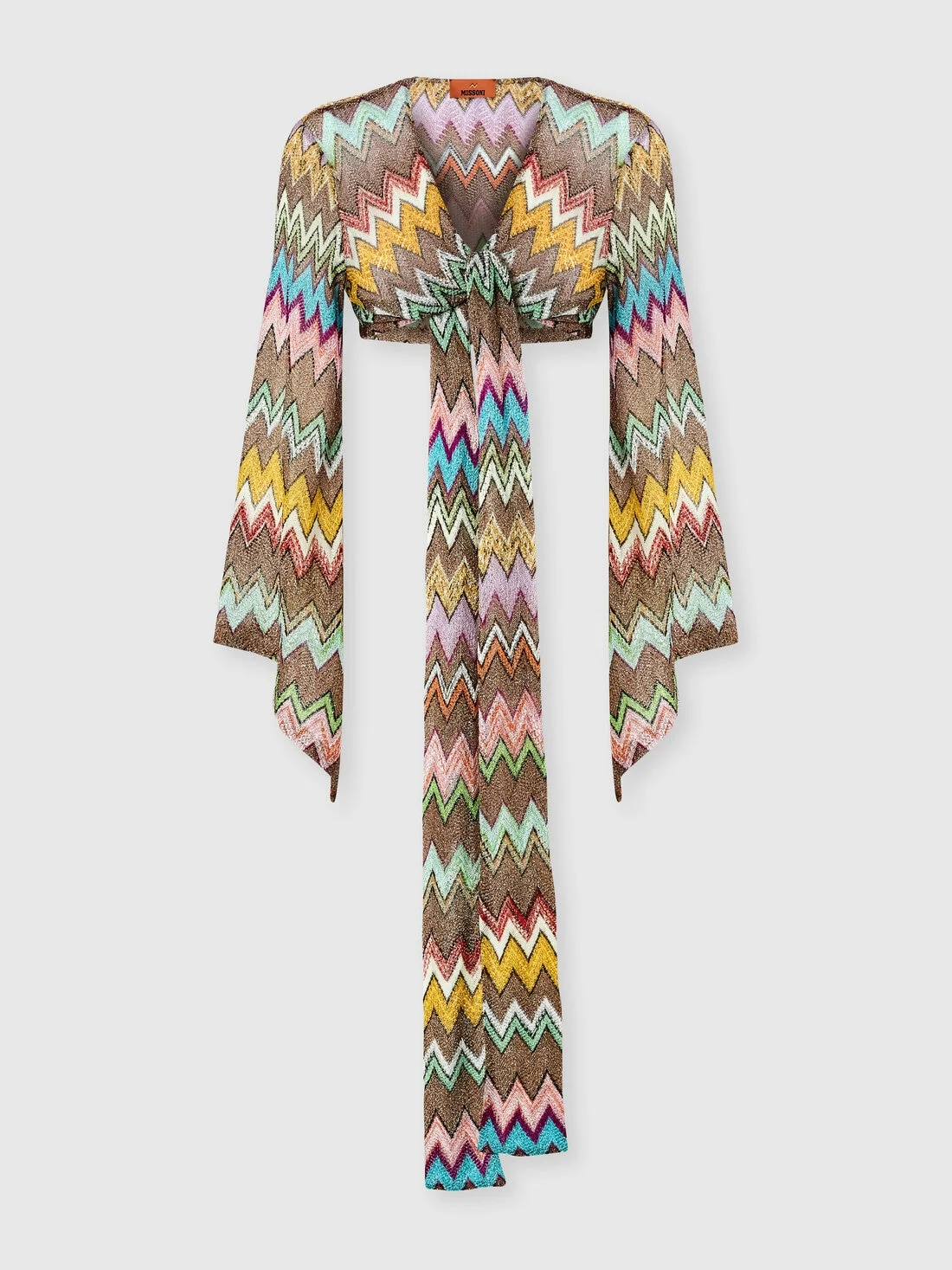 Long-sleeved wrap top in lamé viscose with macro zigzag pattern - 1