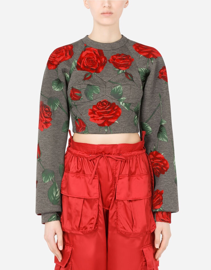 Technical jersey sweatshirt with flocked rose print and bustier details - 1