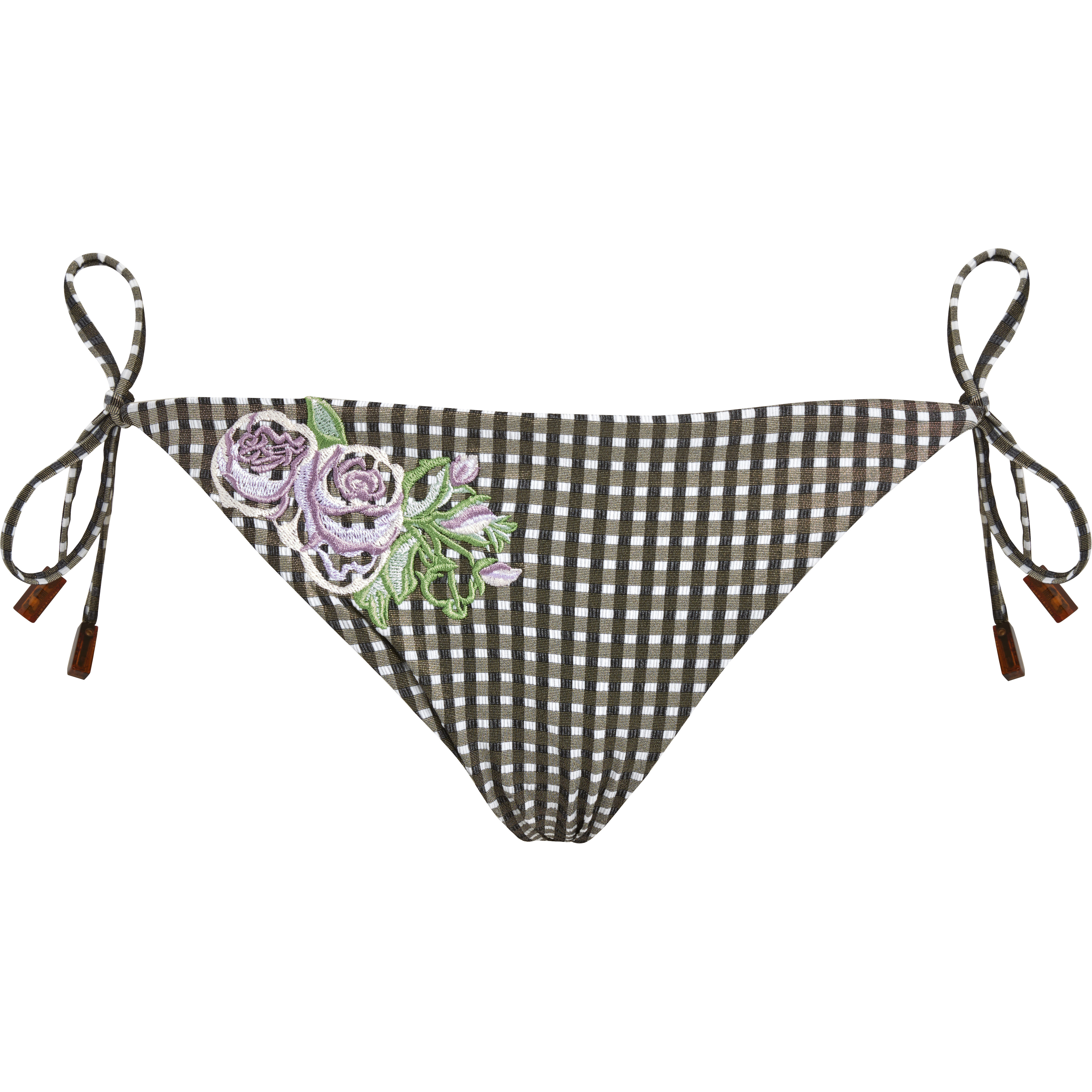 Women String Bikini Bottom Pocket Check Fleurs Brodées - 1