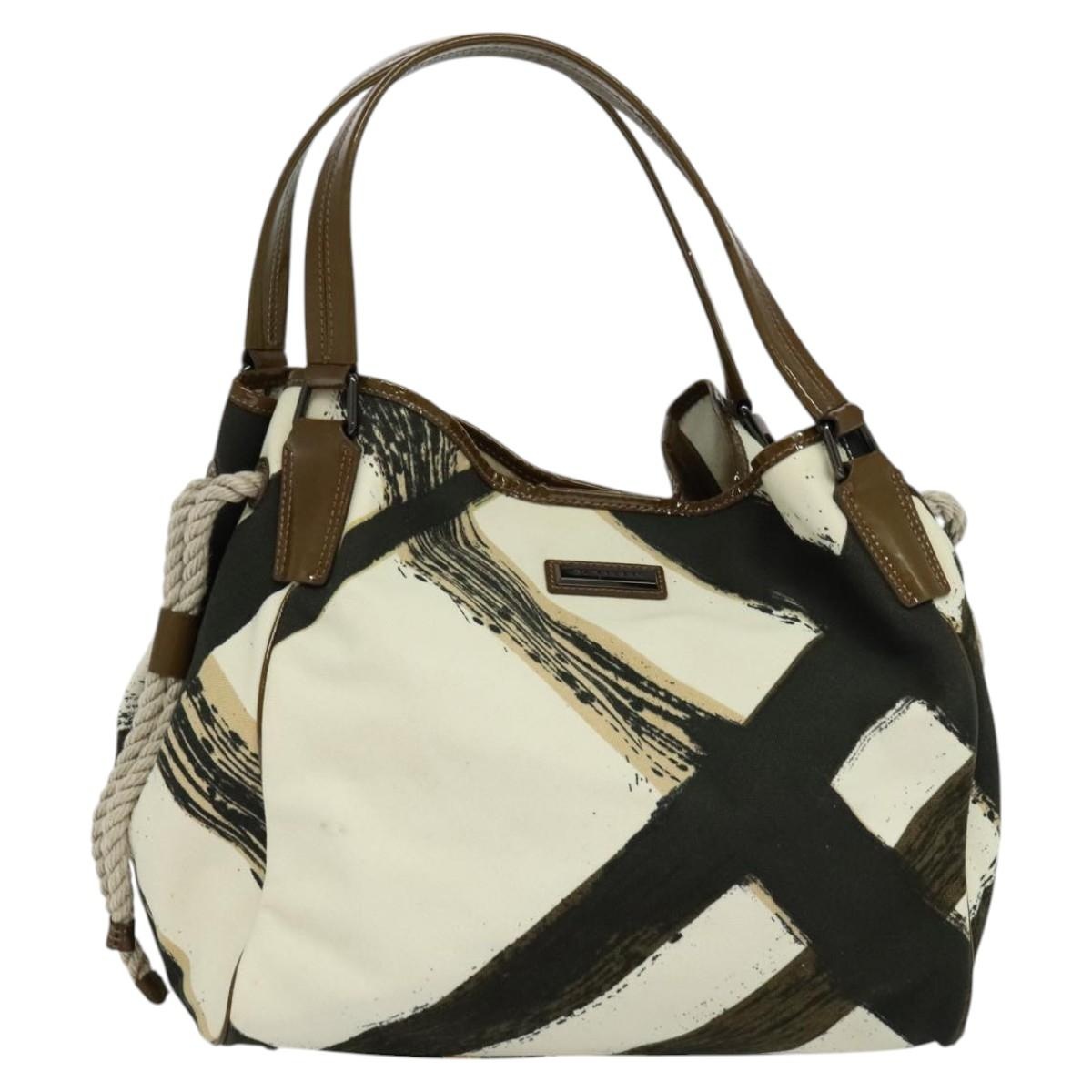 Burberry Tote Bag Canvas Enamel White Black Khaki - 1