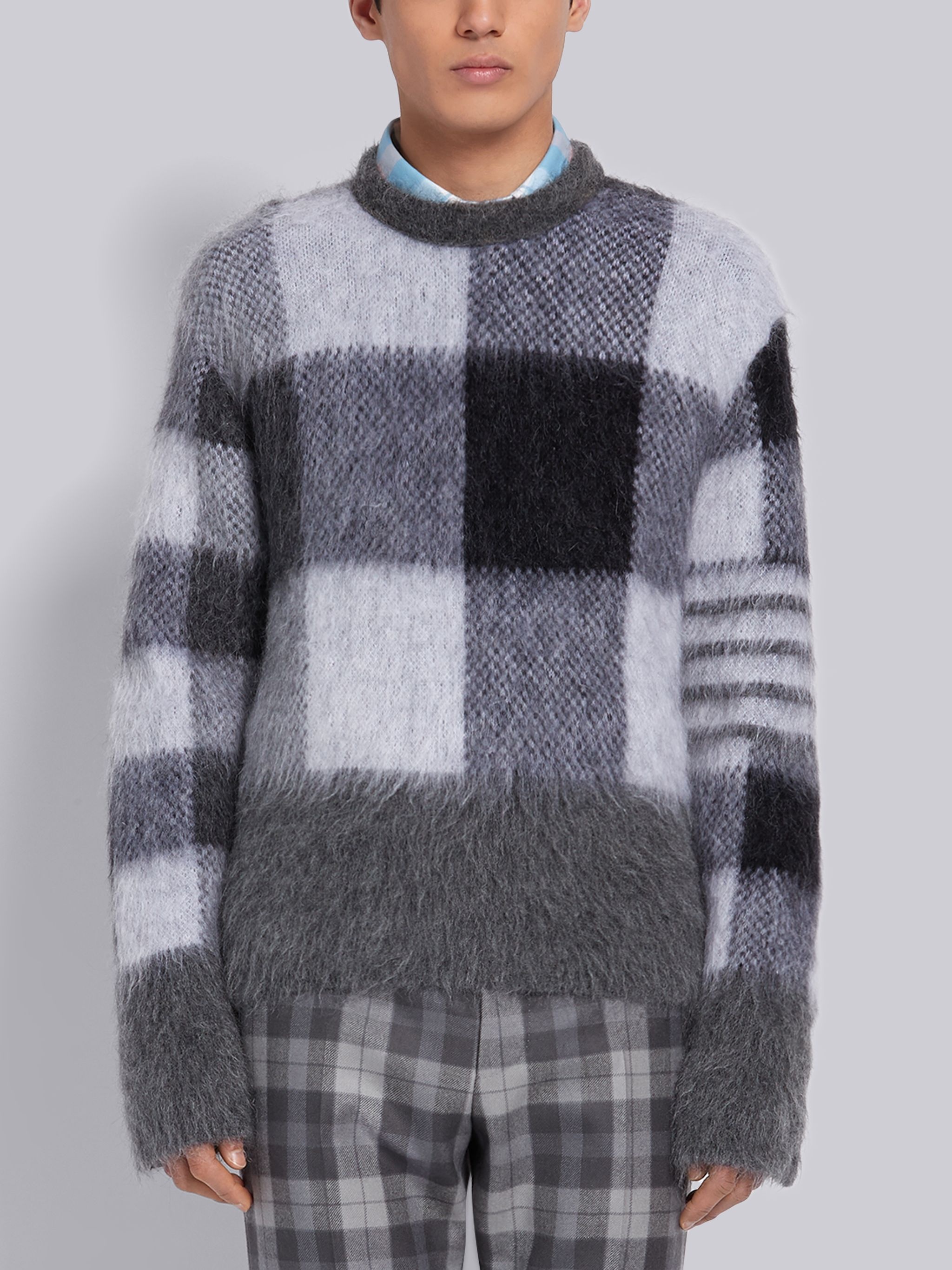 Tonal Grey Buffalo Check Funmix Super Kid Mohair Crew Neck 4-Bar Pullover - 1