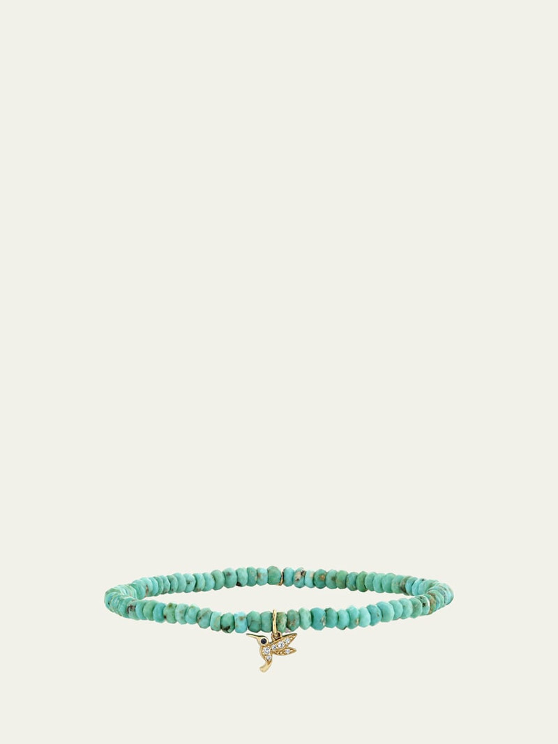 14K Yellow Gold Tiny Hummingbird Diamond Charm and Arizona Turquoise Bead Bracelet 1